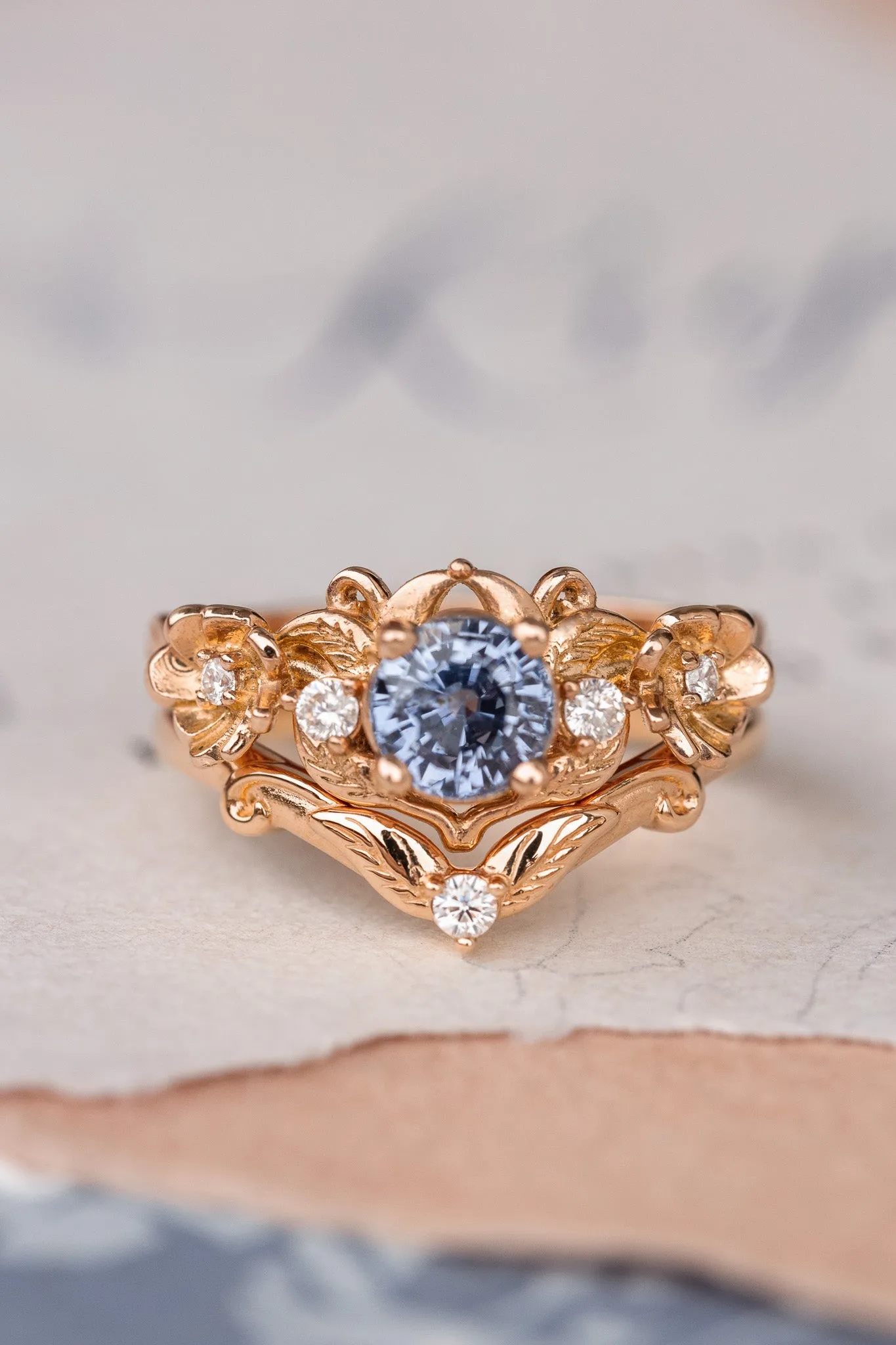 Natural sapphire and diamonds engagement ring, gold flower proposal ring / Adelina