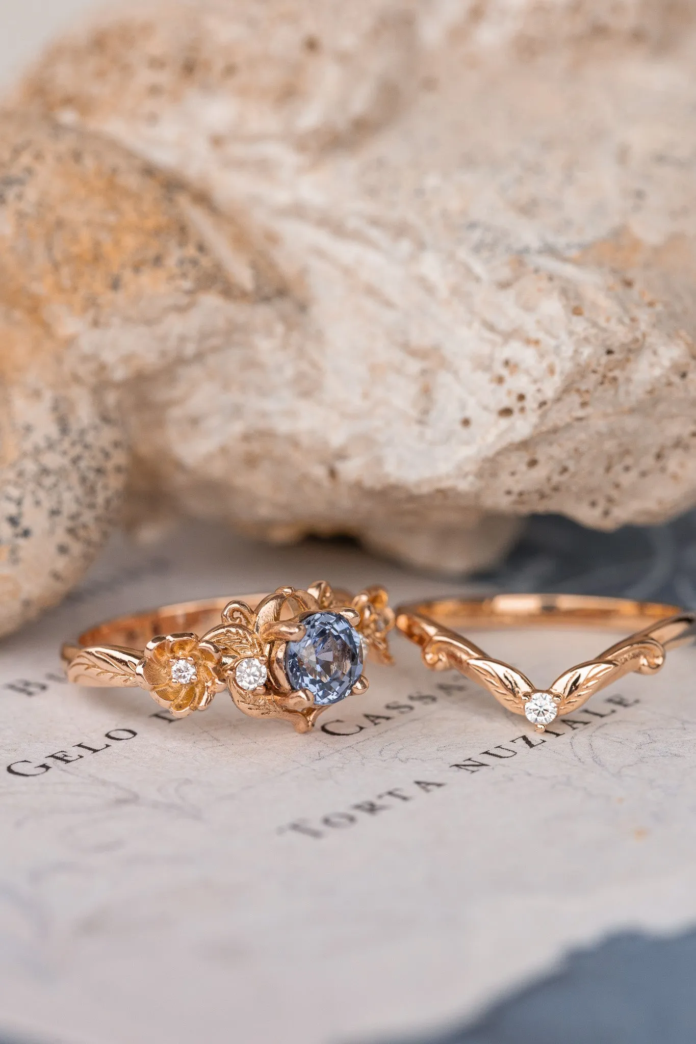 Natural sapphire and diamonds engagement ring, gold flower proposal ring / Adelina