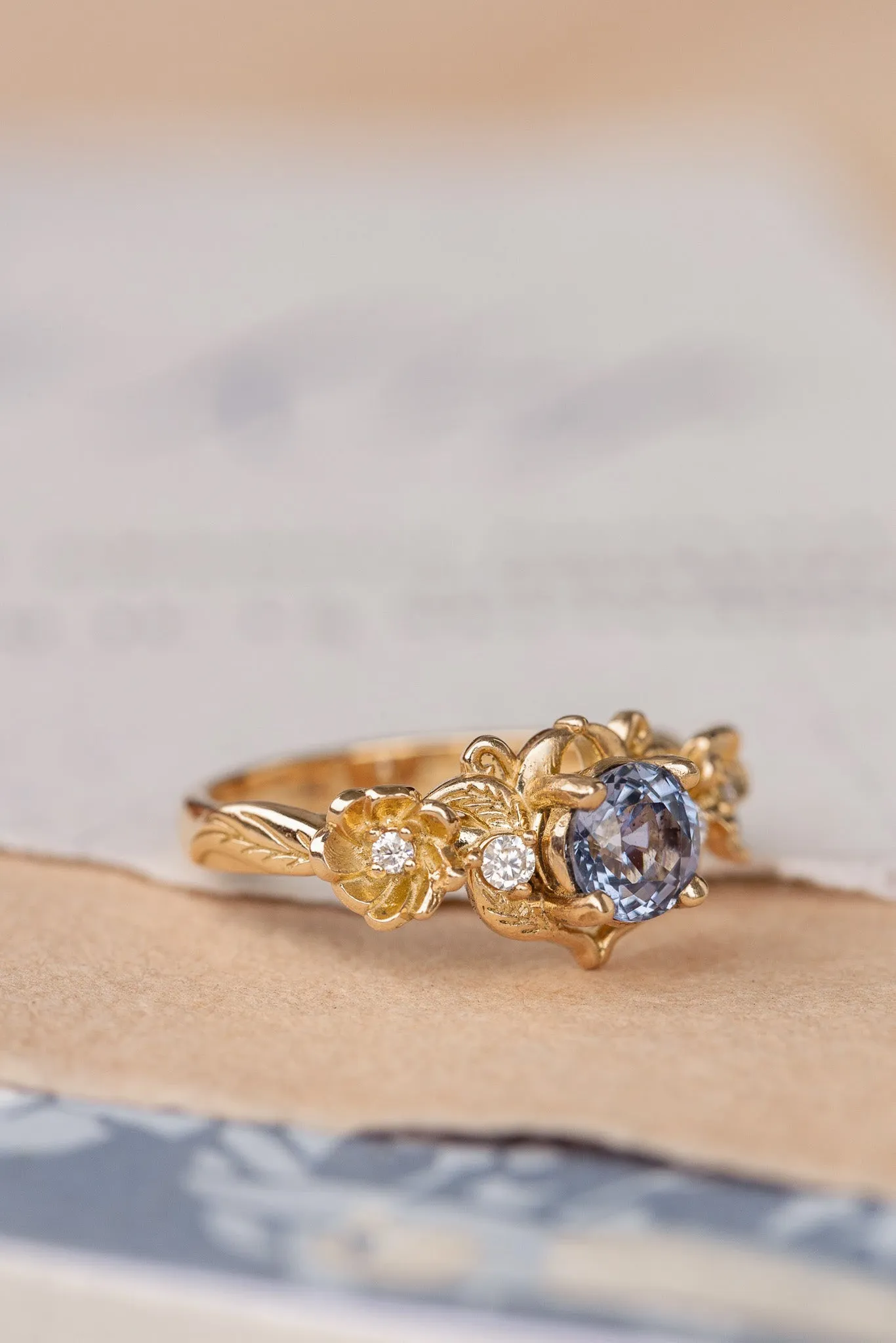 Natural sapphire and diamonds engagement ring, gold flower proposal ring / Adelina