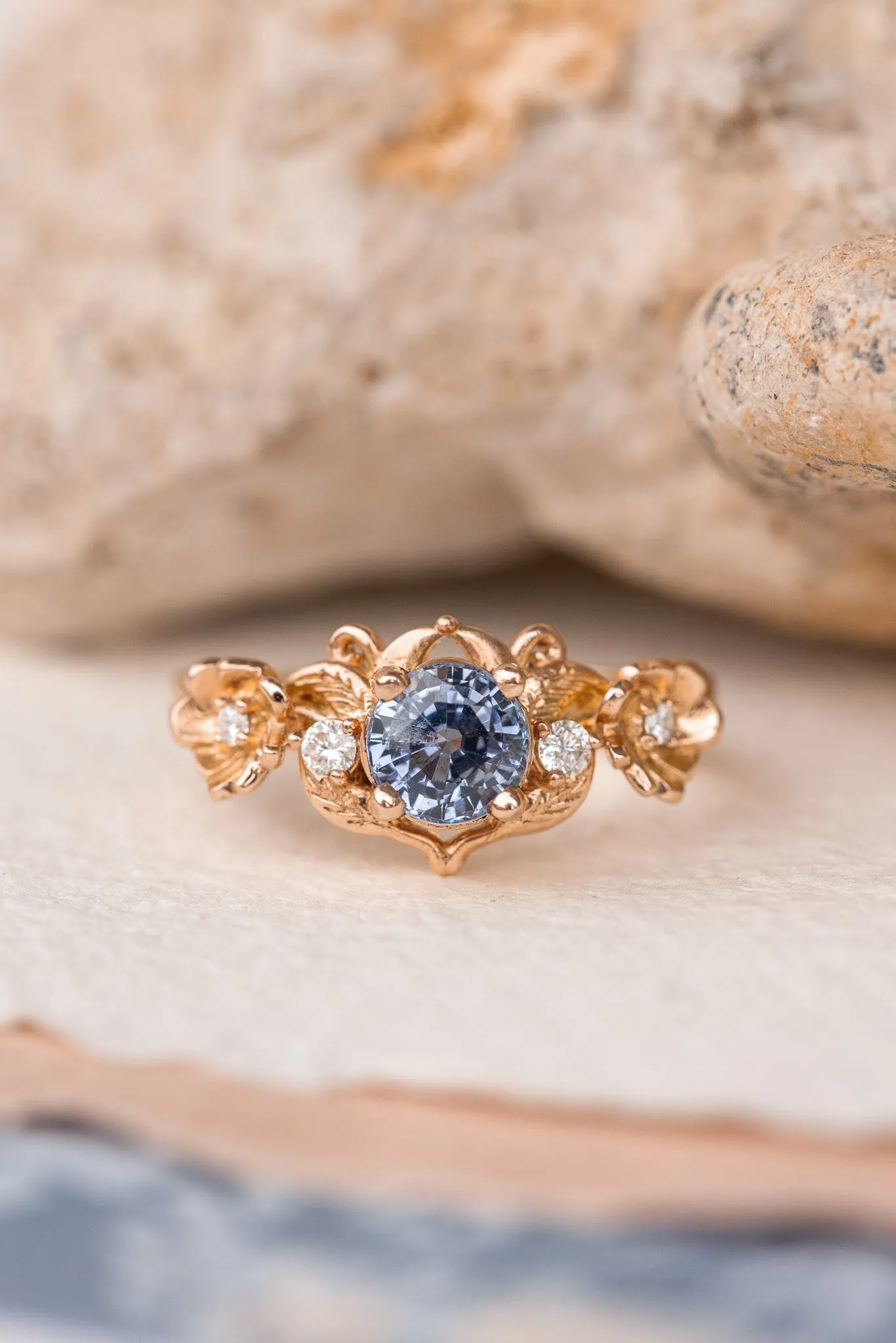 Natural sapphire and diamonds engagement ring, gold flower proposal ring / Adelina