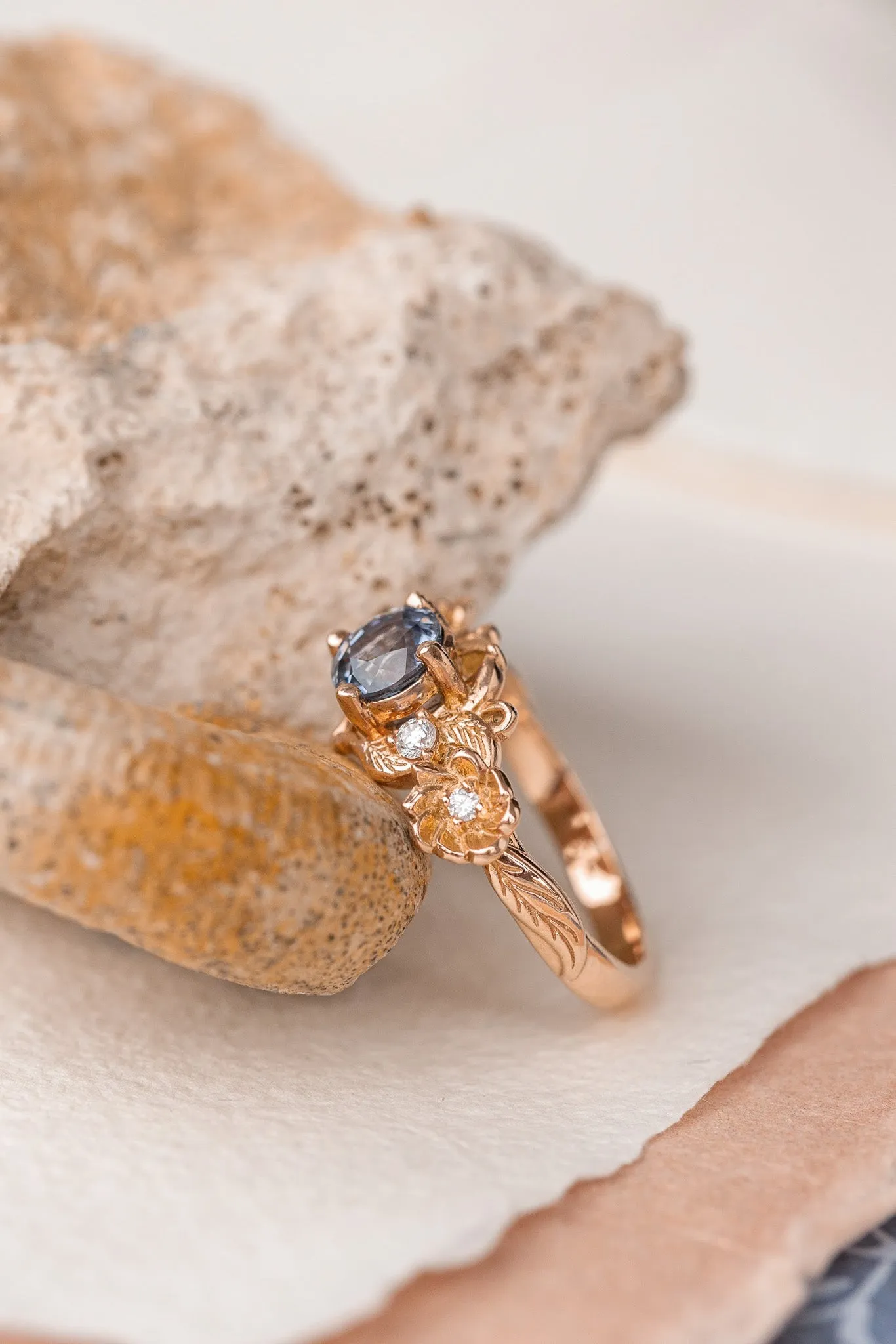 Natural sapphire and diamonds engagement ring, gold flower proposal ring / Adelina