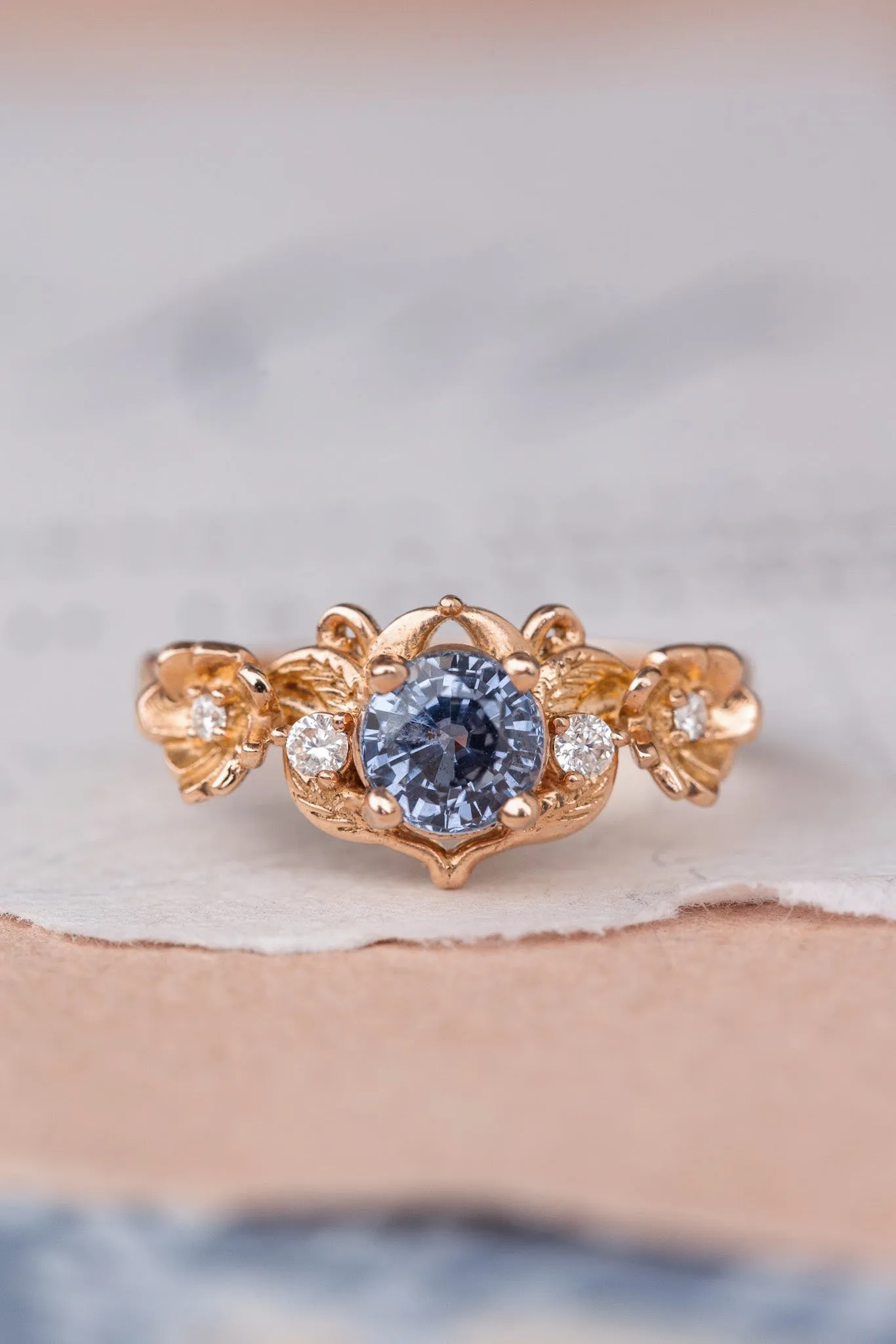 Natural sapphire and diamonds engagement ring, gold flower proposal ring / Adelina