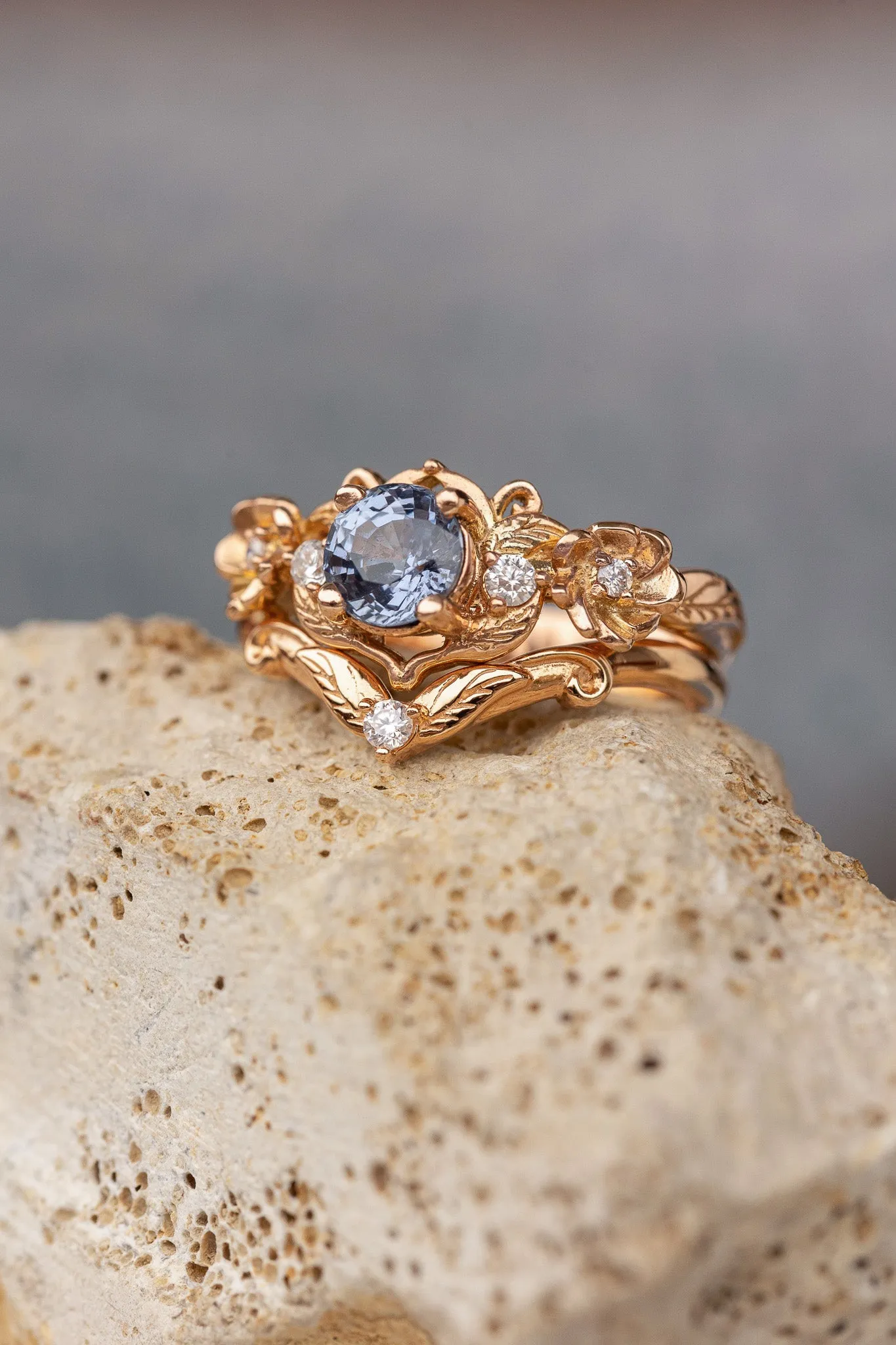 Natural sapphire and diamonds engagement ring, gold flower proposal ring / Adelina