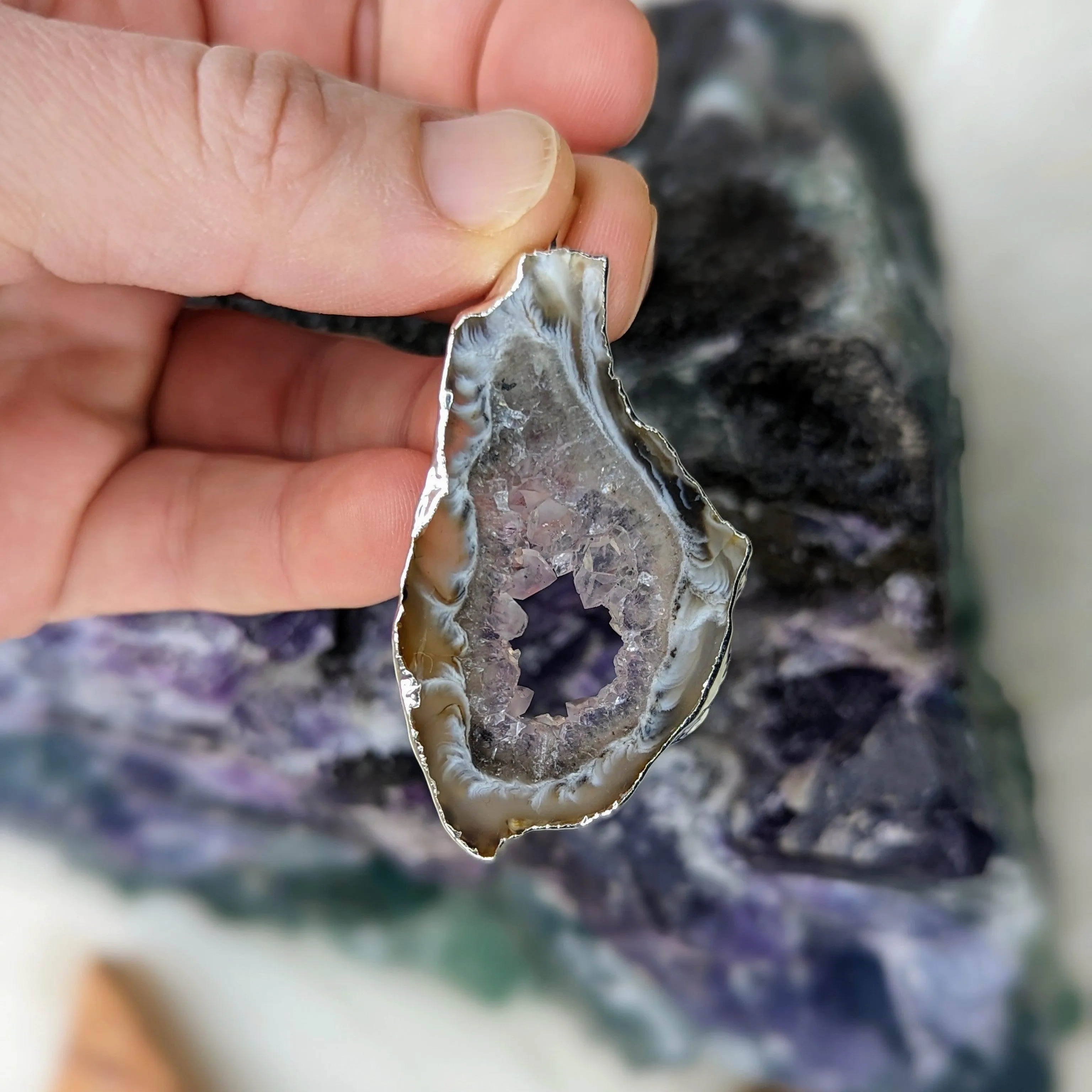 Occo Geode Agate Slice Pendant ~ Ultra Shimmery and Unique!~ Silver Chain Included