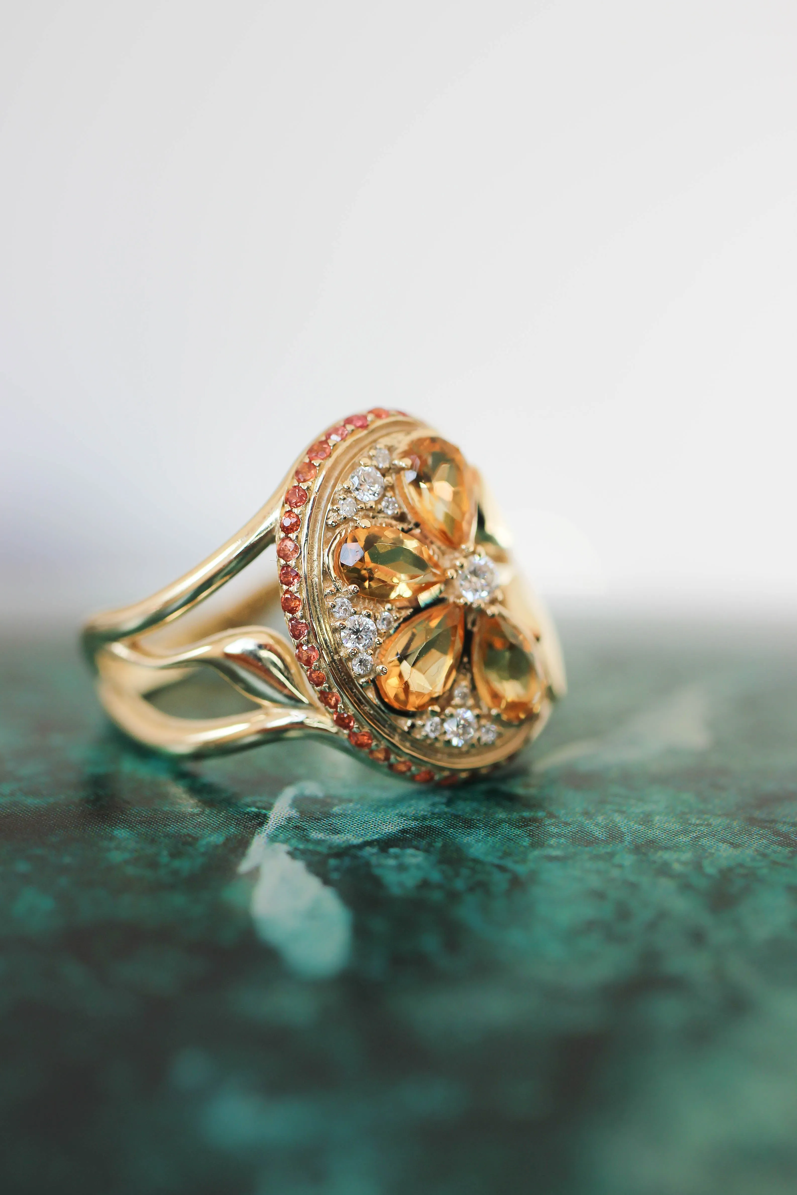 Orange slice ring with citrine, diamonds and sapphires