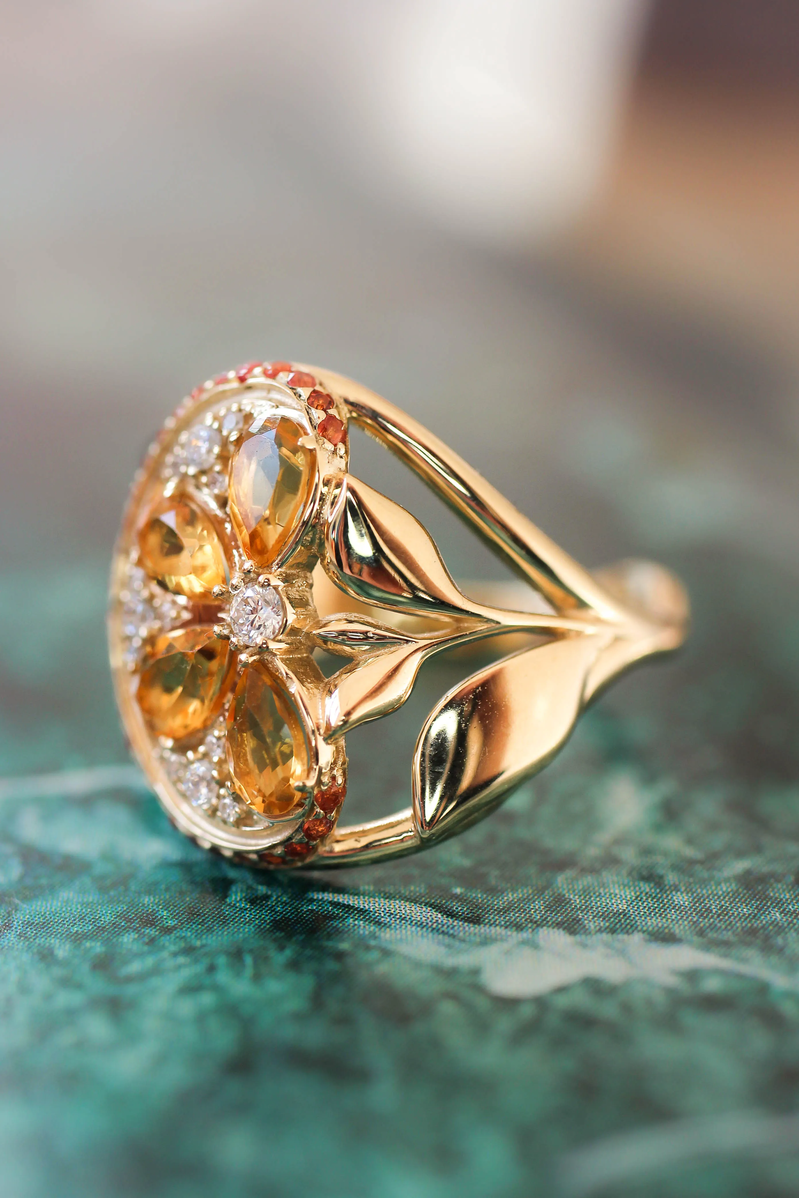 Orange slice ring with citrine, diamonds and sapphires