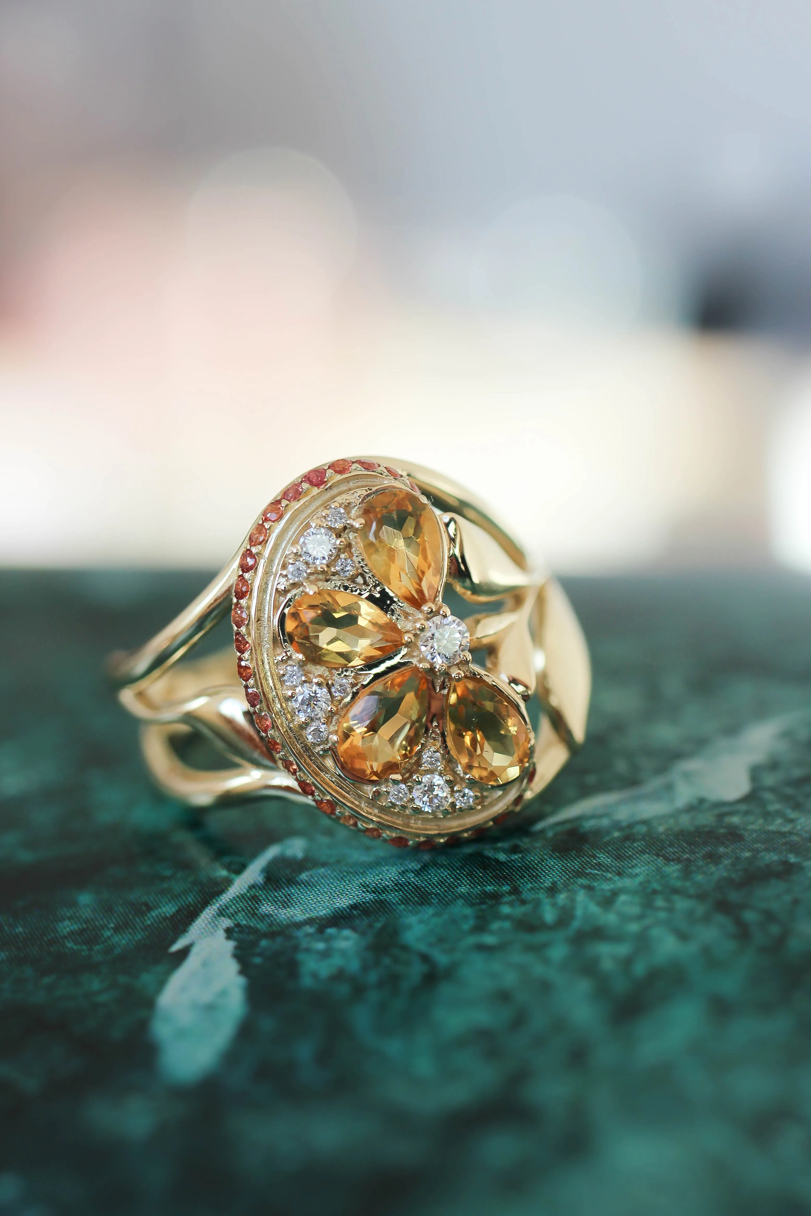 Orange slice ring with citrine, diamonds and sapphires