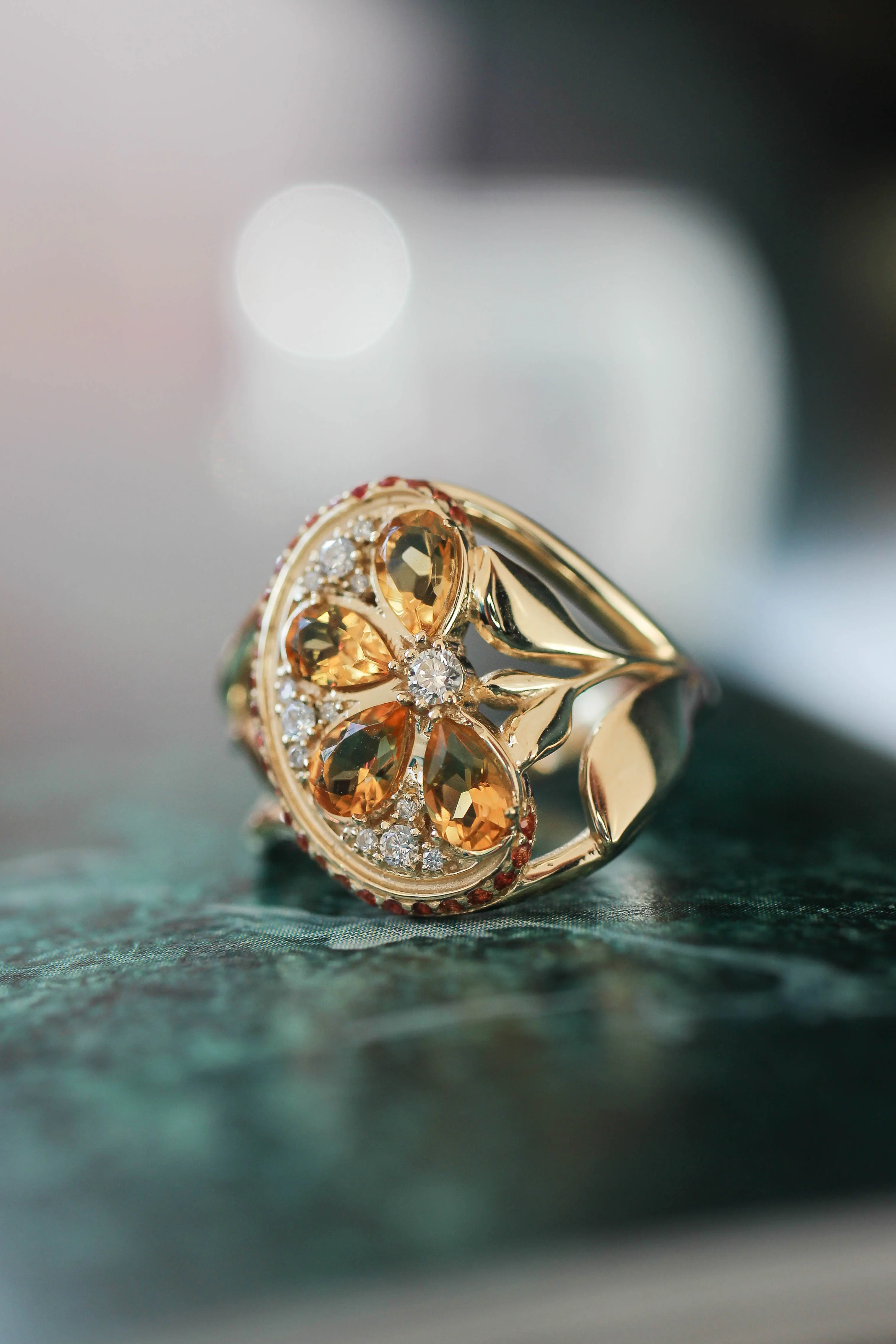 Orange slice ring with citrine, diamonds and sapphires