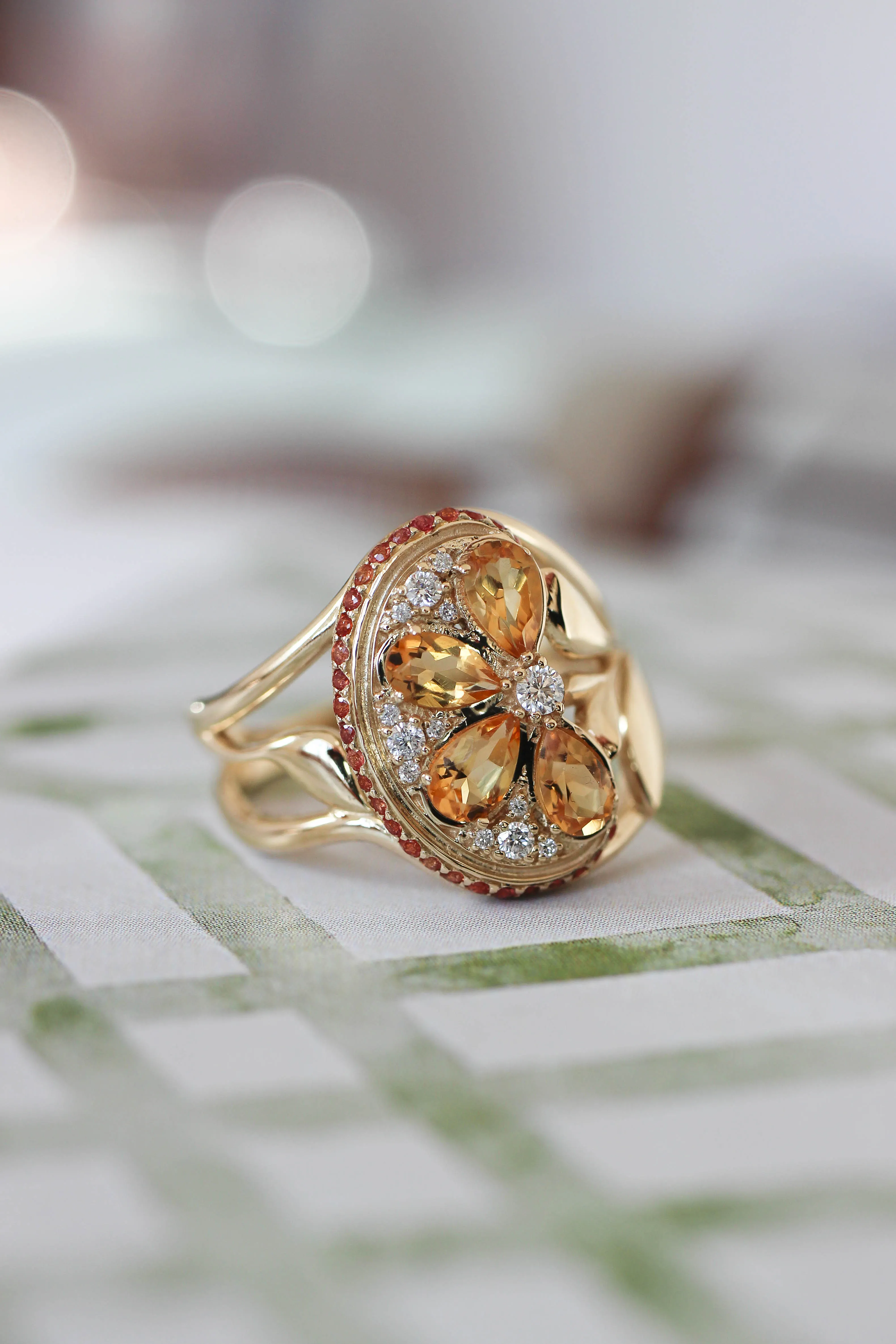 Orange slice ring with citrine, diamonds and sapphires