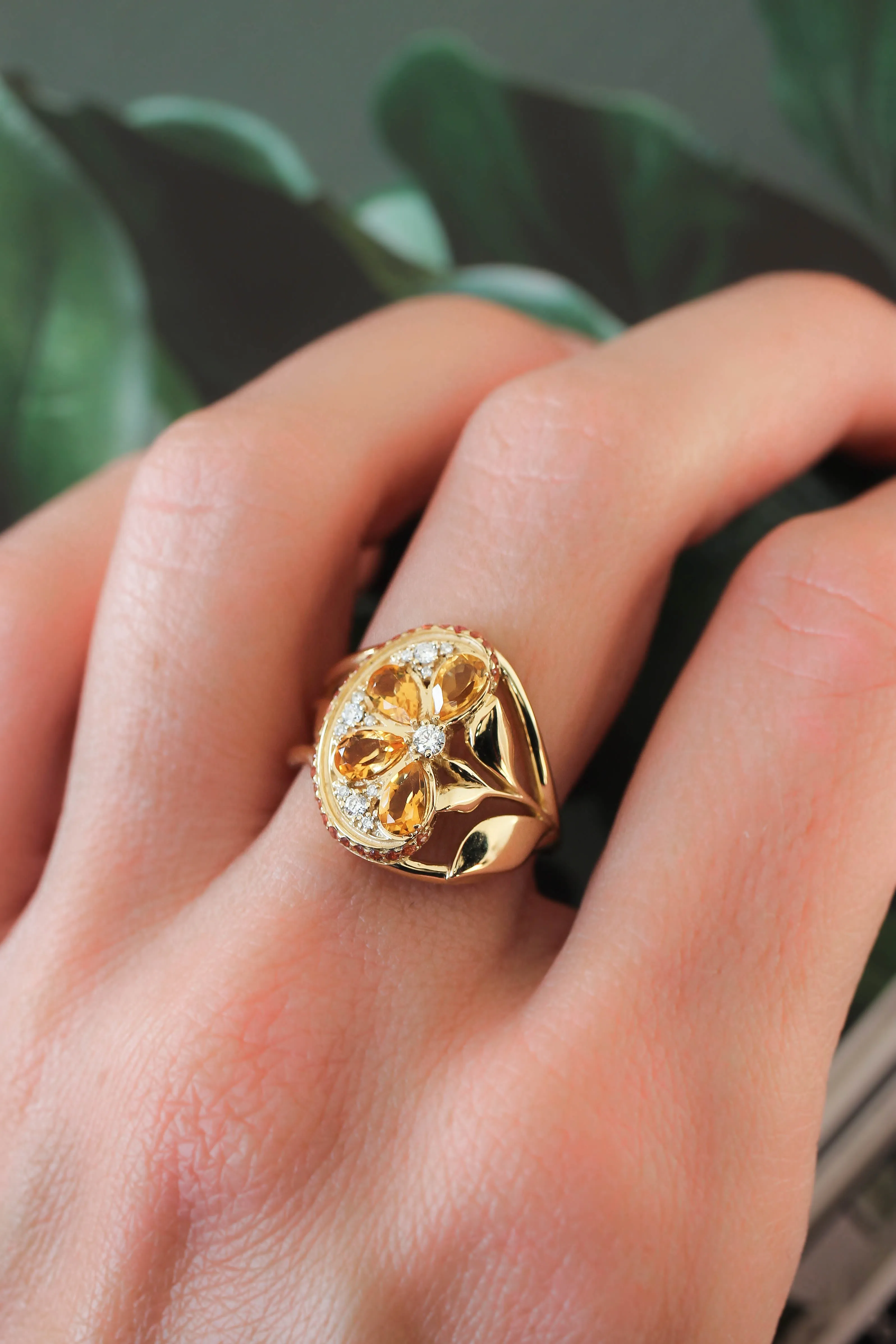 Orange slice ring with citrine, diamonds and sapphires