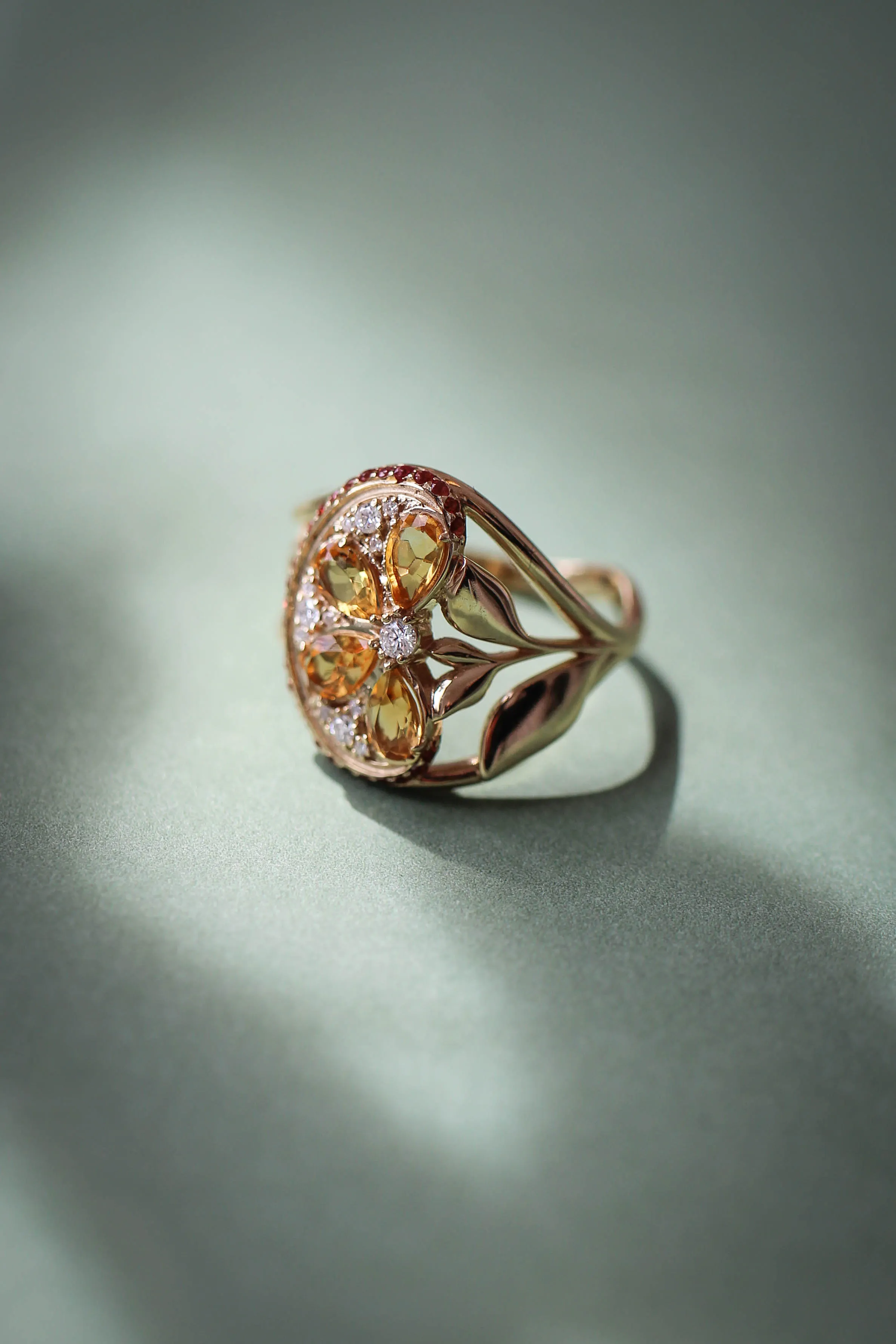 Orange slice ring with citrine, diamonds and sapphires