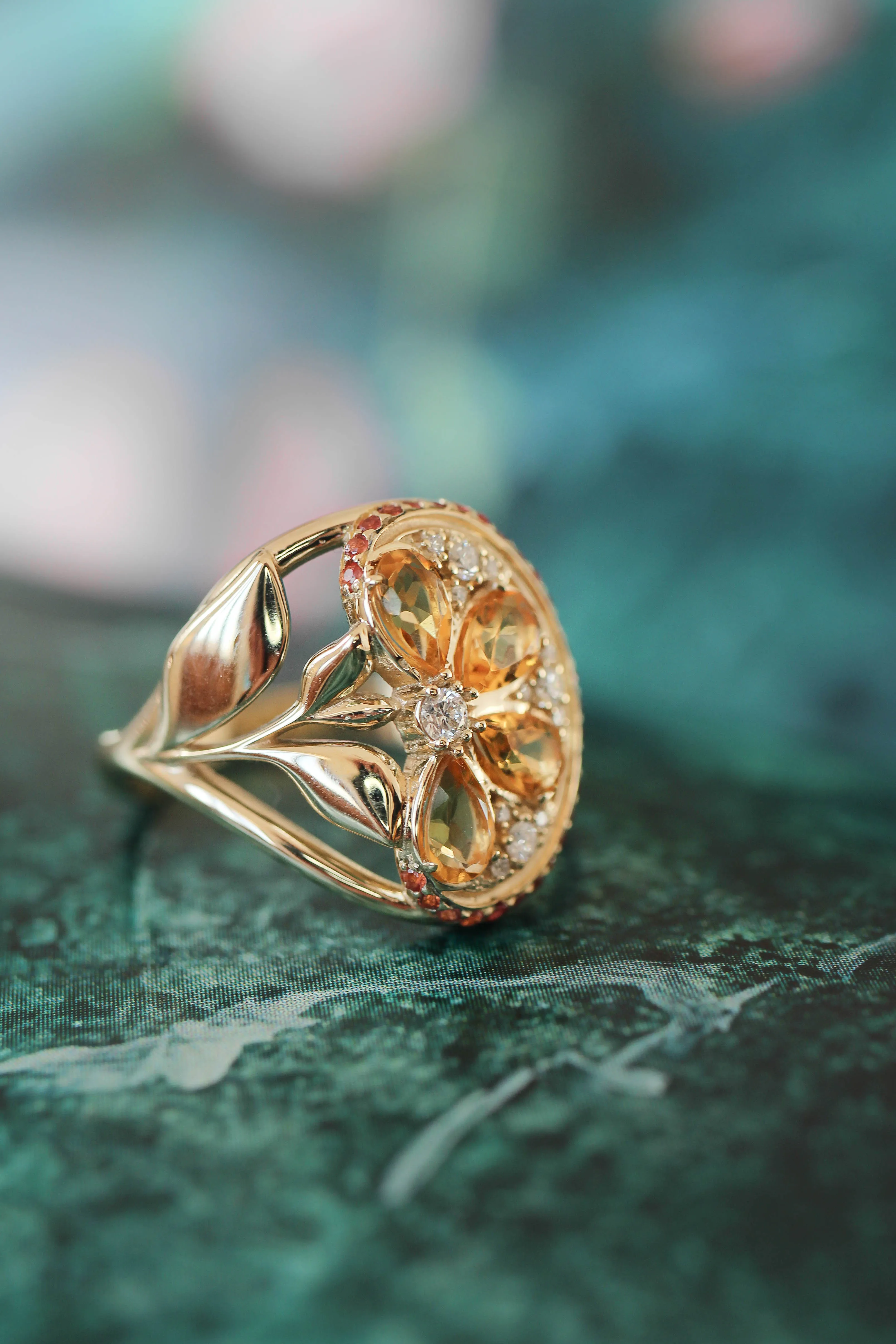 Orange slice ring with citrine, diamonds and sapphires