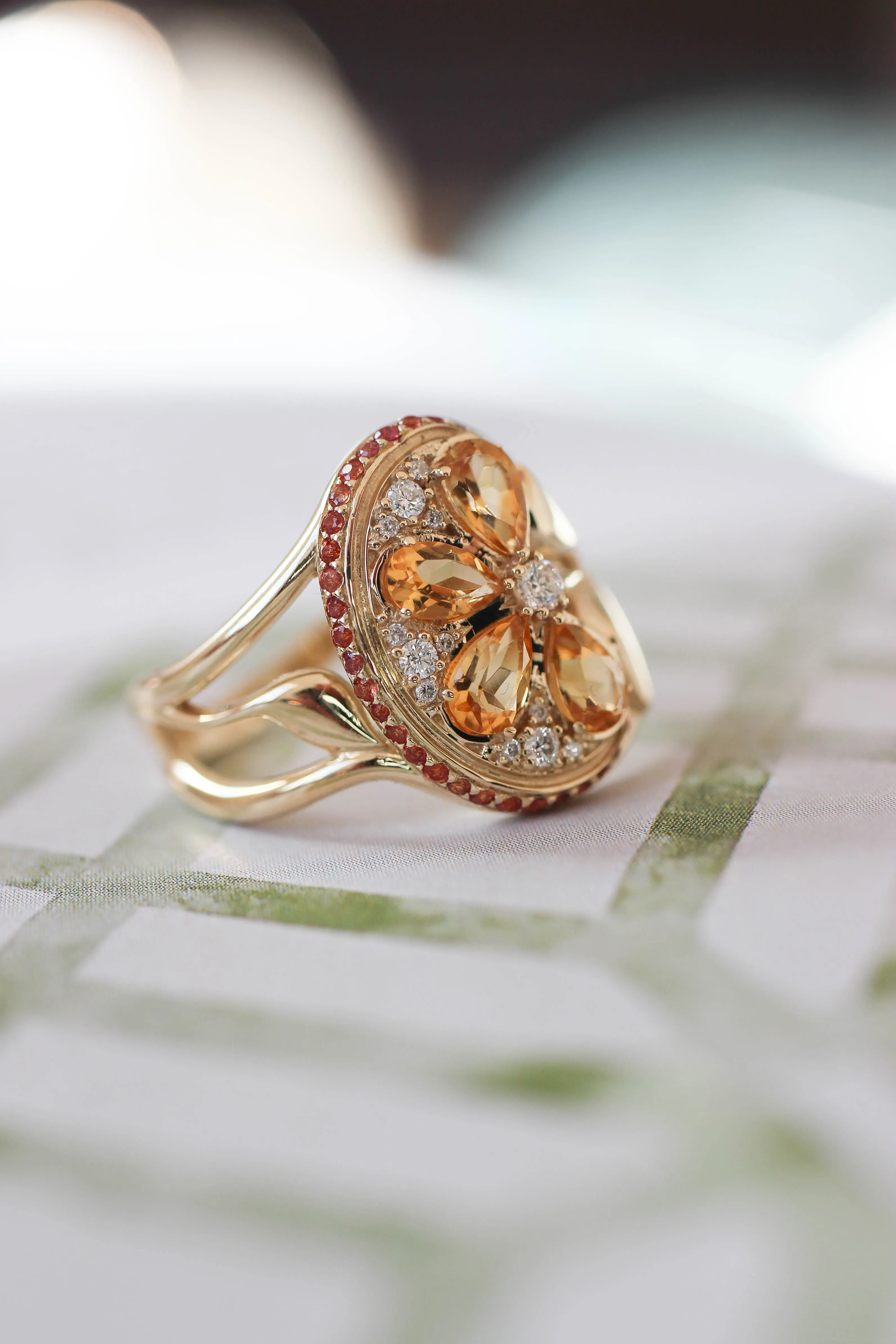 Orange slice ring with citrine, diamonds and sapphires