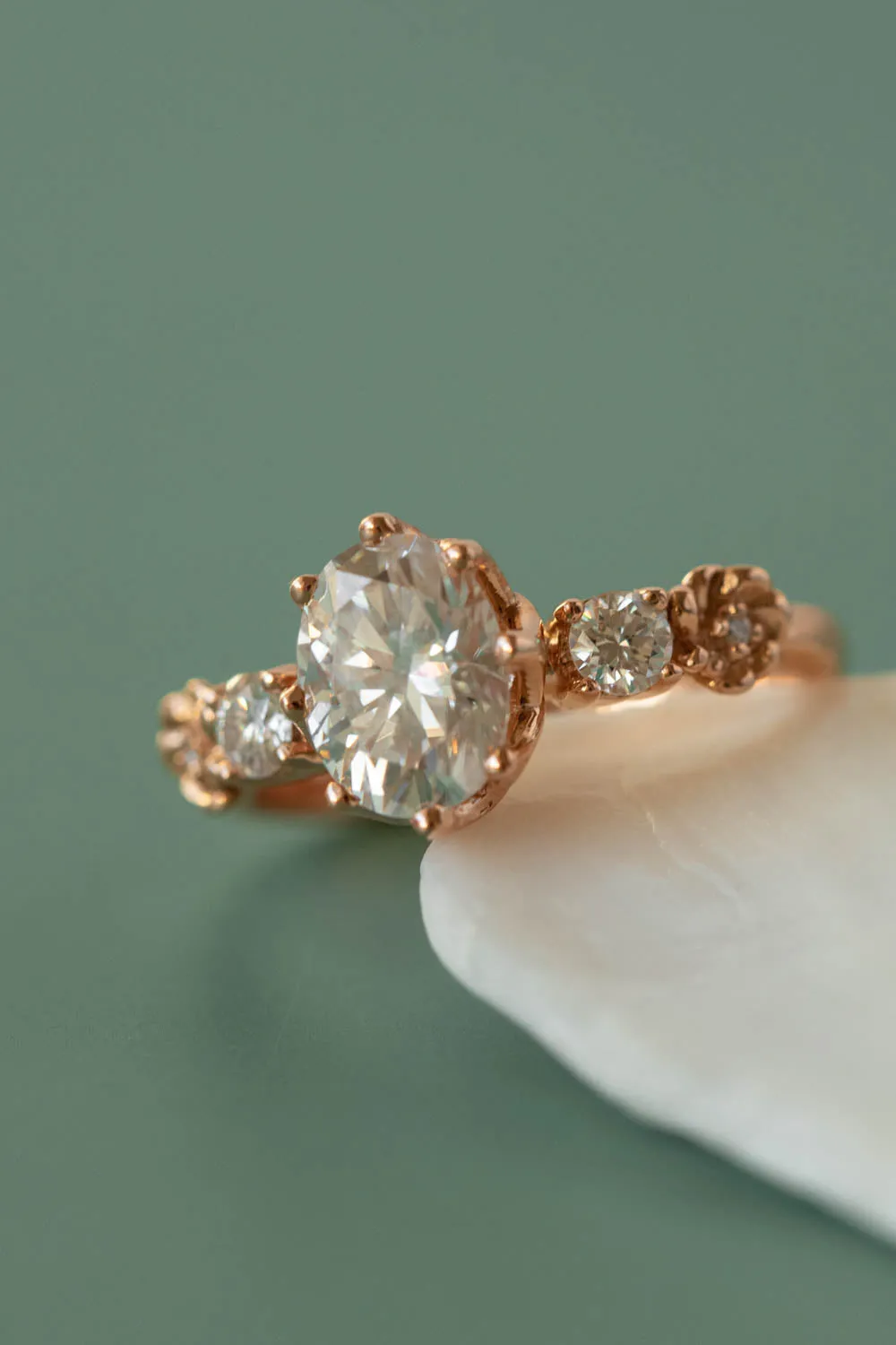 Oval lab grown diamond bridal ring set, floral rose gold engagement ring with diamonds  / Fiorella