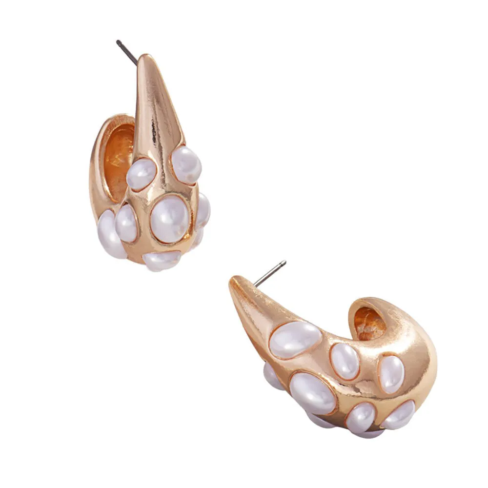 Oval Pearl Embellished Teardrop Hoop Earrings