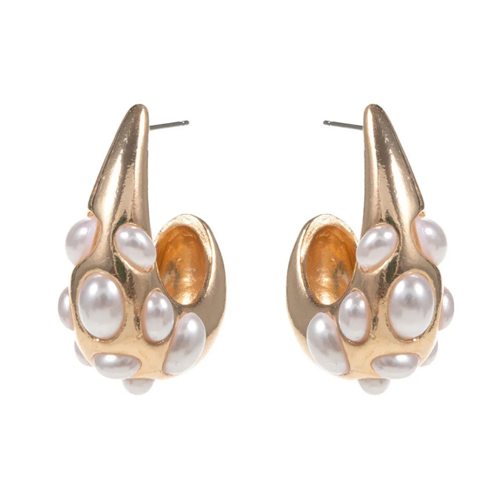 Oval Pearl Embellished Teardrop Hoop Earrings