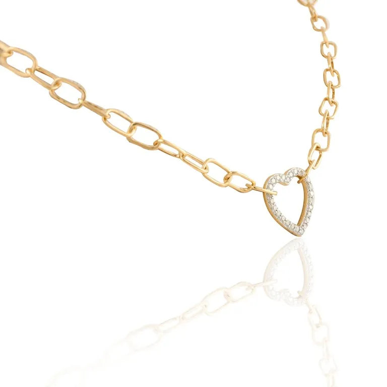 Paperclip Chain Diamond Heart Necklace 18K Gold