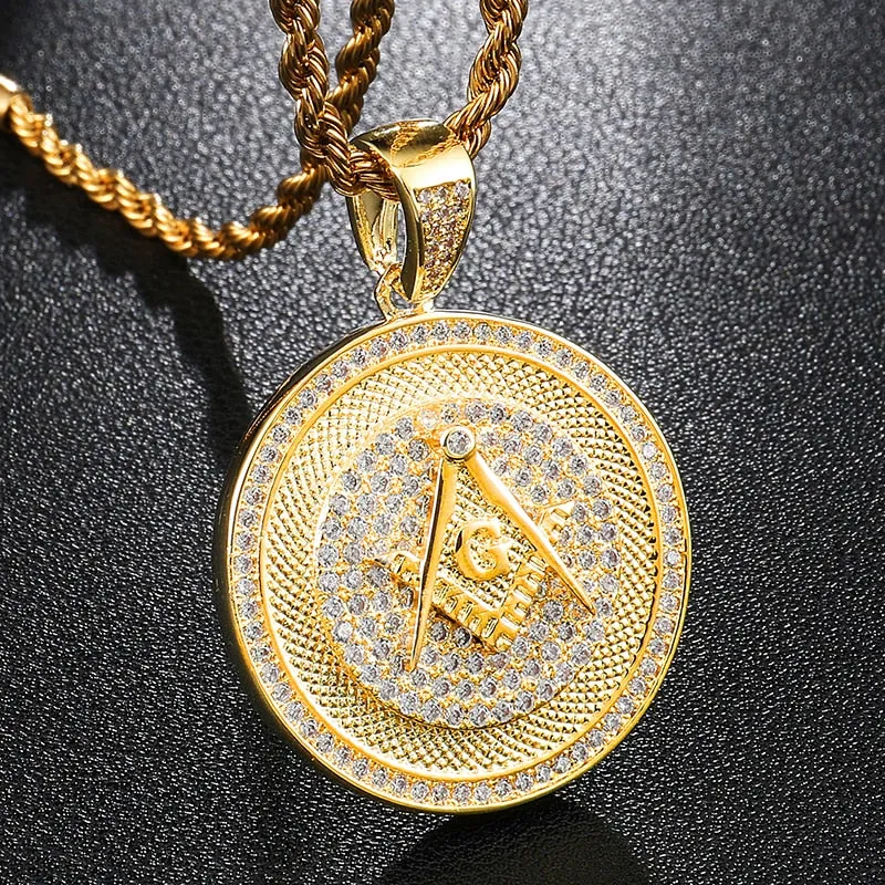 Paved Cubic Zirconia and Rhinestone Studded Masonic Bling Hip-hop Pendant Necklace