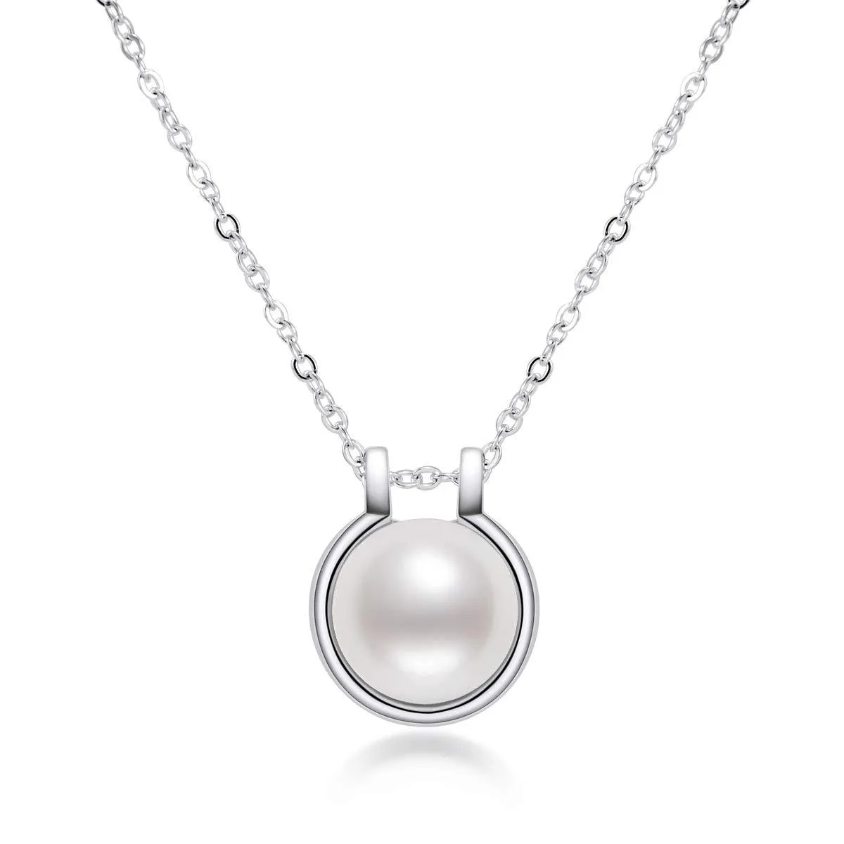 Pearl Necklace,Freshwater Cultured Simple Pearl Round Circle Pendant Sterling Silver Chain Jewelry Christmas Gifts for Women(Size:8.5-9mm)