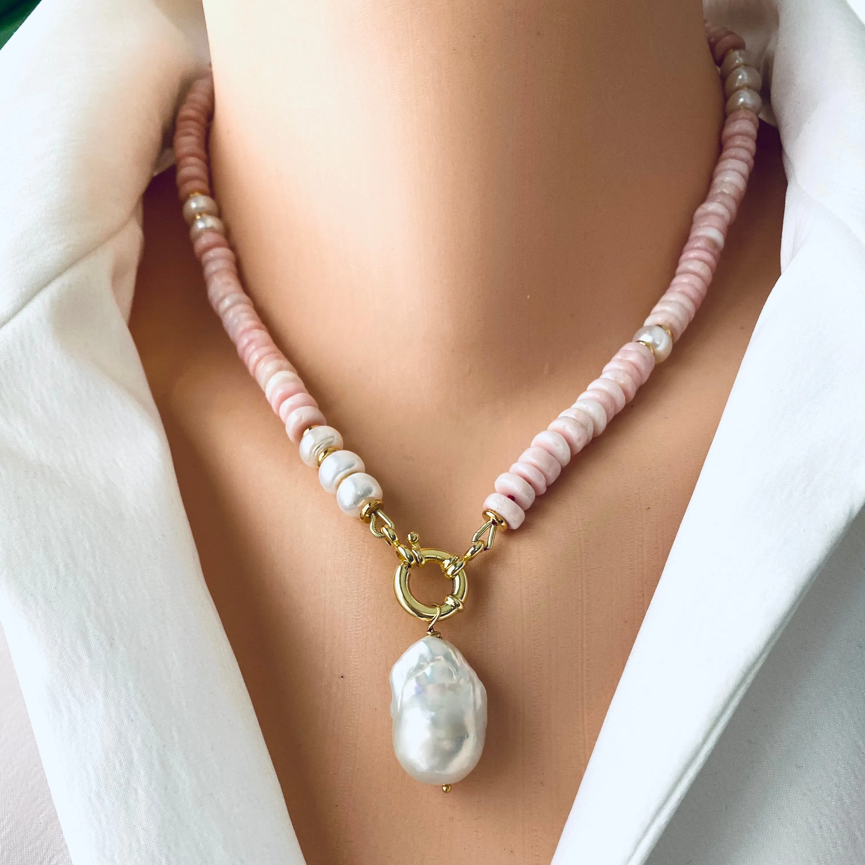 Pink Opal Tire Beads w Freshwater Pearls Necklace and Removable Baroque Pearl Pendant, 17.5inches