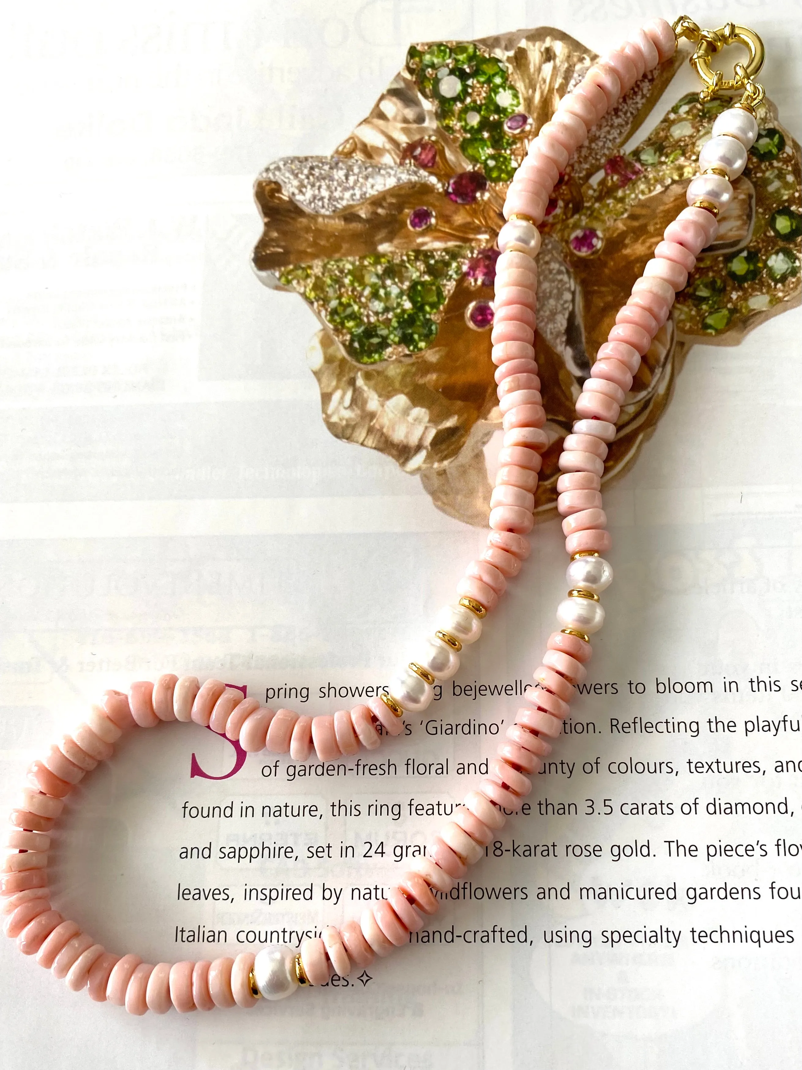 Pink Opal Tire Beads w Freshwater Pearls Necklace and Removable Baroque Pearl Pendant, 17.5inches