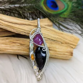 Purperite Wire Wrap with Ruby and Opal Accents ~ Silver Chain Included