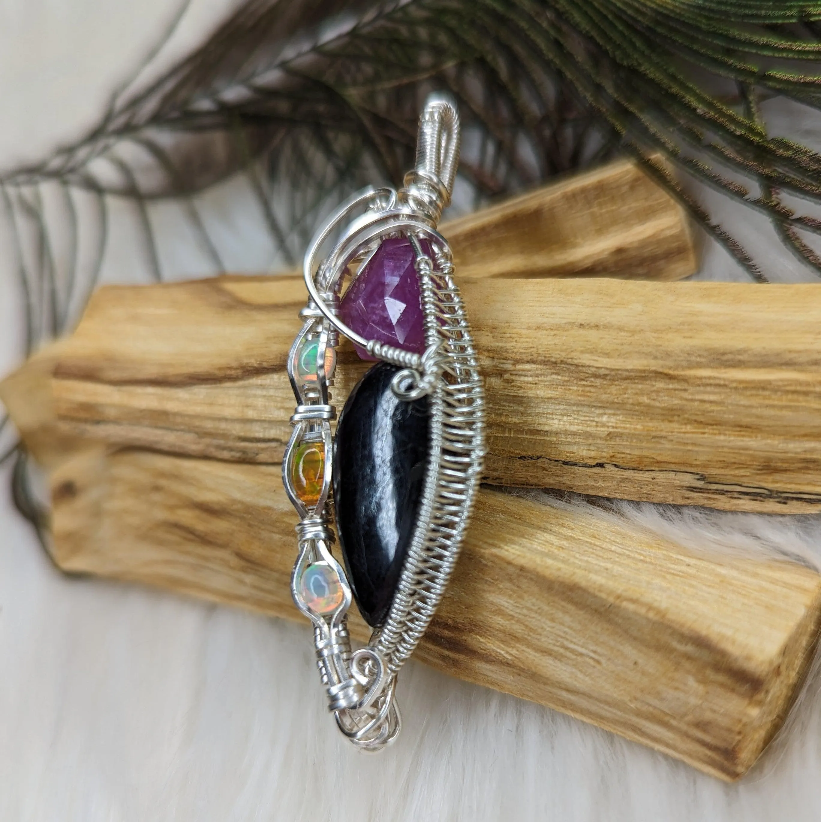 Purperite Wire Wrap with Ruby and Opal Accents ~ Silver Chain Included