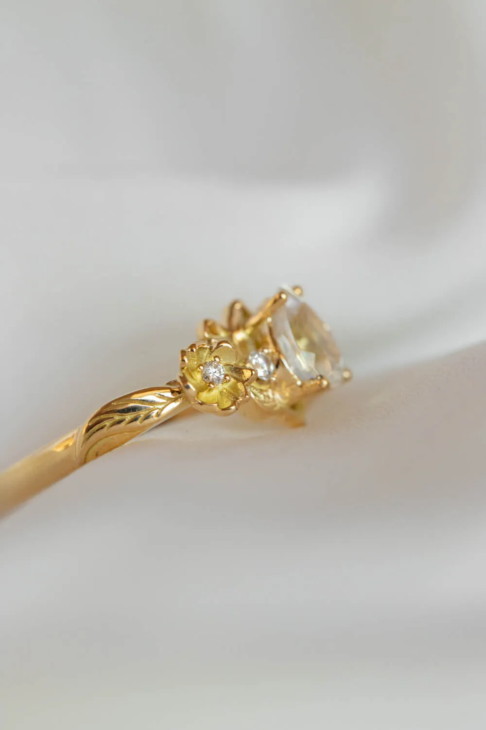 Rainbow moonstone and diamonds engagement ring, leaf and flower gold ring / Adelina