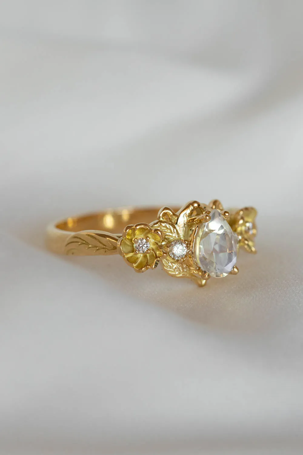 Rainbow moonstone and diamonds engagement ring, leaf and flower gold ring / Adelina