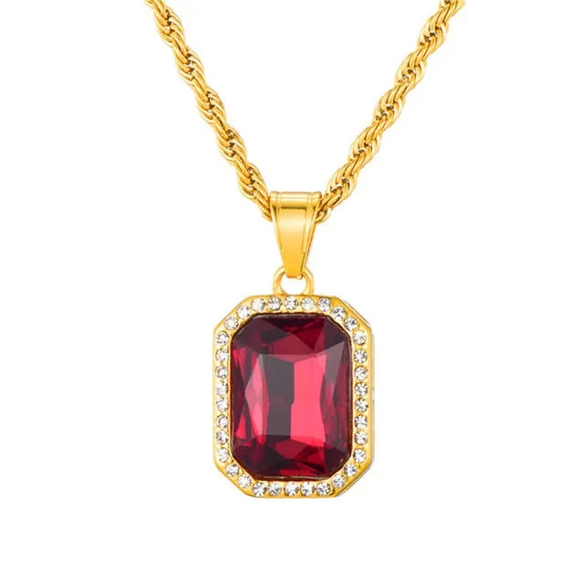 Rhinestone and Crystal Square Gold-Plated Stainless Steel Hip-hop Pendant Necklace