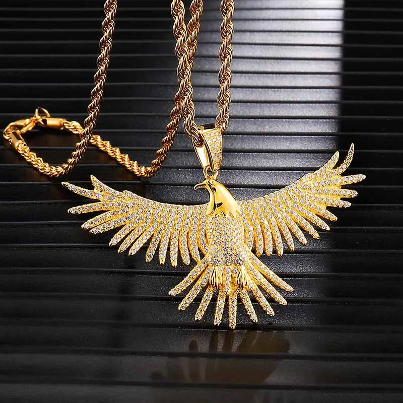 Rhinestone-Studded Eagle Rope Chain Hip-hop Pendant Necklace