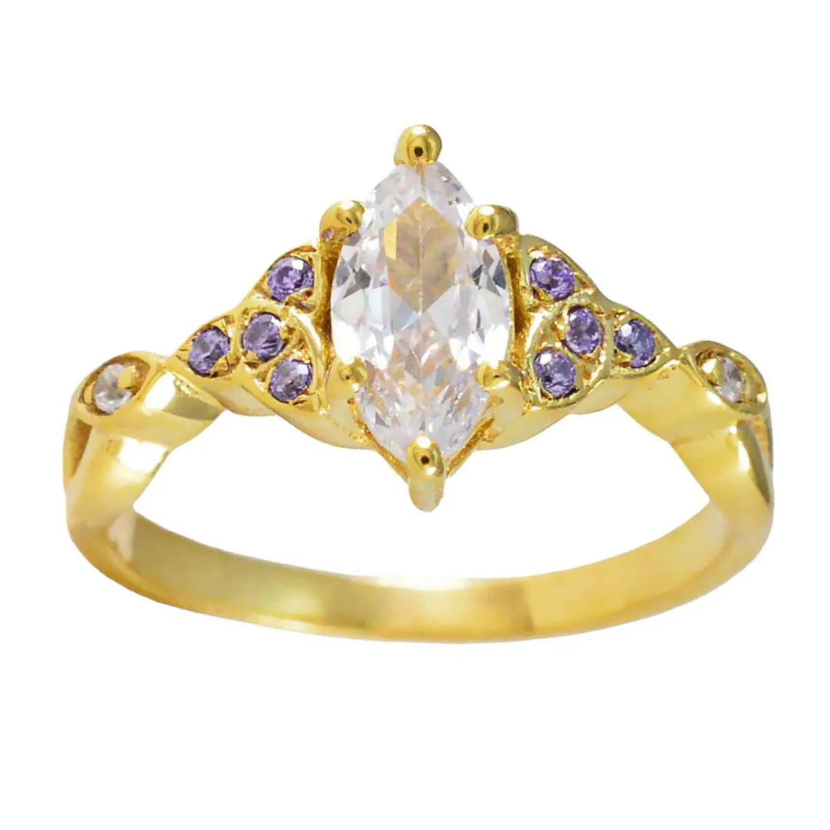 Riyo Beautiful Silver Ring With Yellow Gold Plating Amethyst Stone Marquise Shape Prong Setting Christmas Ring