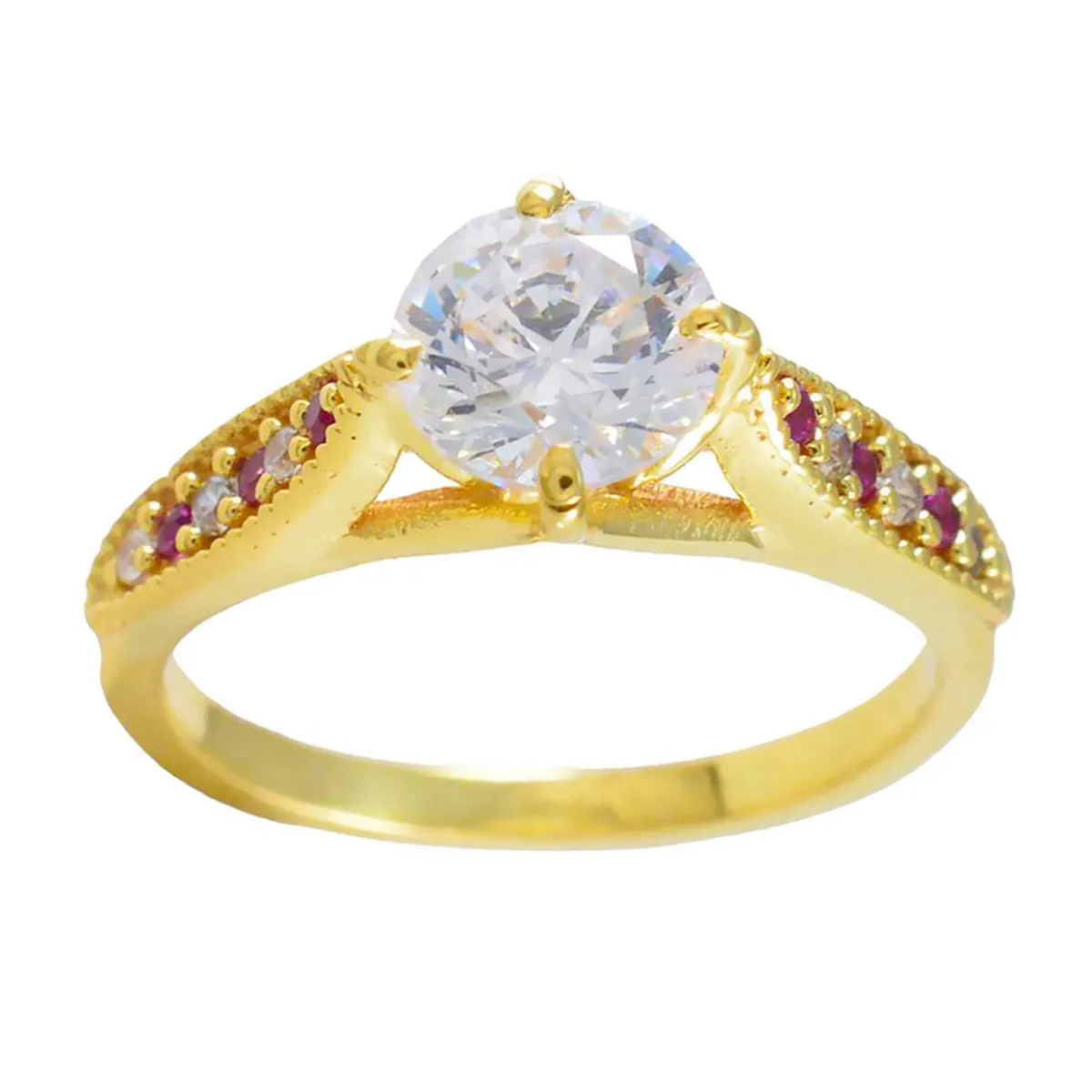 Riyo Charming Silver Ring With Yellow Gold Plating Ruby CZ Stone Round Shape Prong Engagement Ring