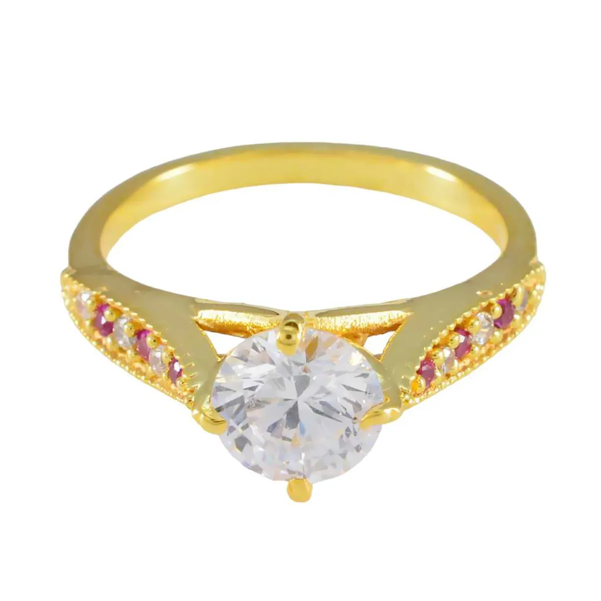 Riyo Charming Silver Ring With Yellow Gold Plating Ruby CZ Stone Round Shape Prong Engagement Ring