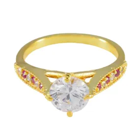 Riyo Charming Silver Ring With Yellow Gold Plating Ruby CZ Stone Round Shape Prong Engagement Ring