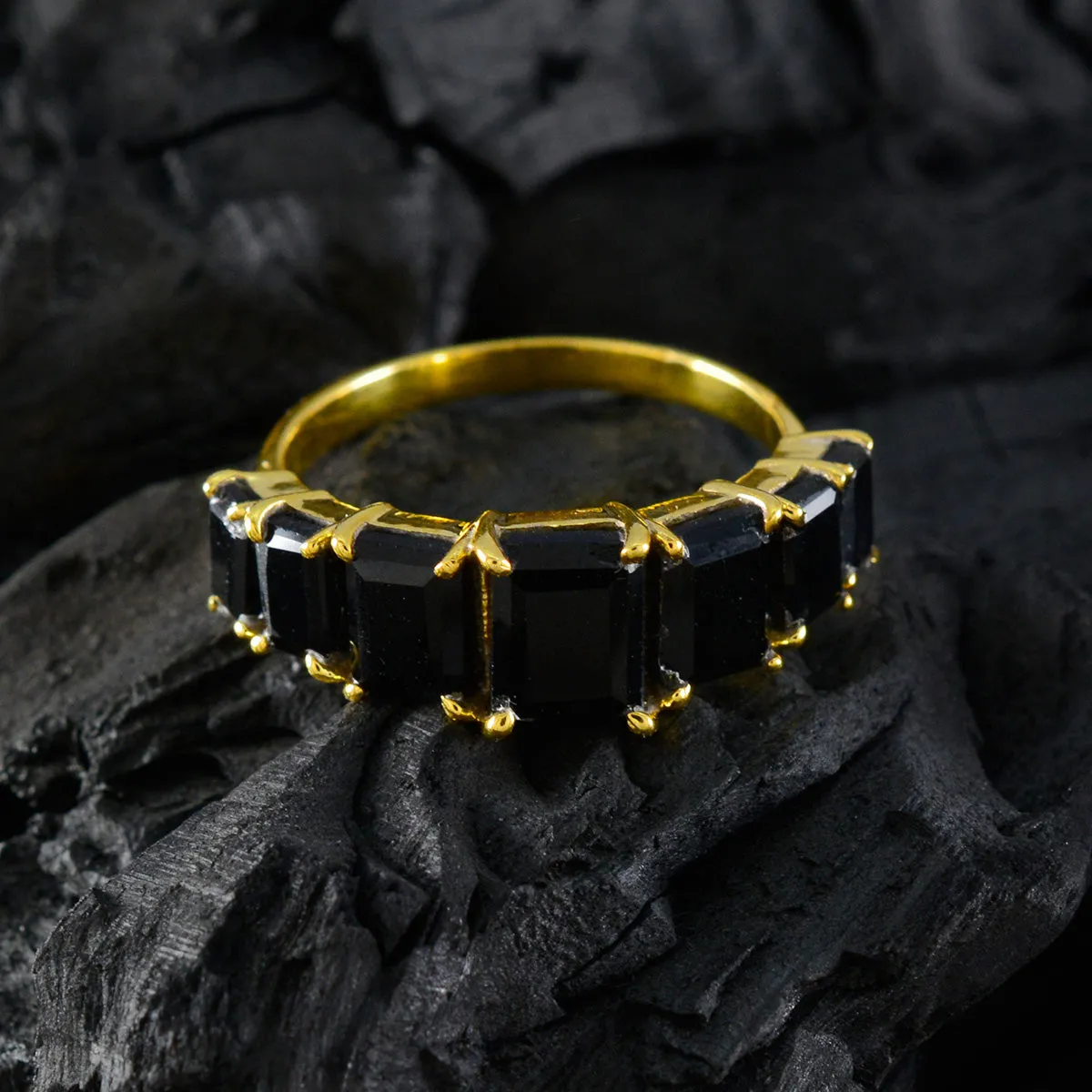 Riyo Exporter Silver Ring With Yellow Gold Plating Black Onyx Stone Octagon Shape Prong Setting Fashion Jewelry Black Friday Ring