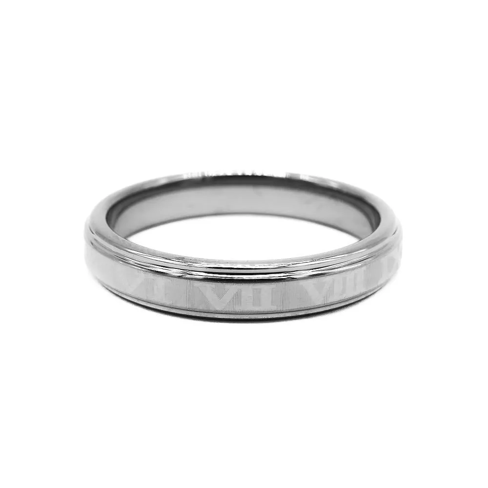 Romantic Roman Numeral Etched Silver Tungsten Ring