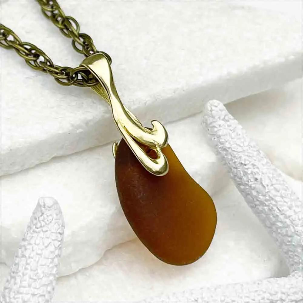 Rootbeer Sea Glass Pendant with Decorative Bronze Bail | #5047