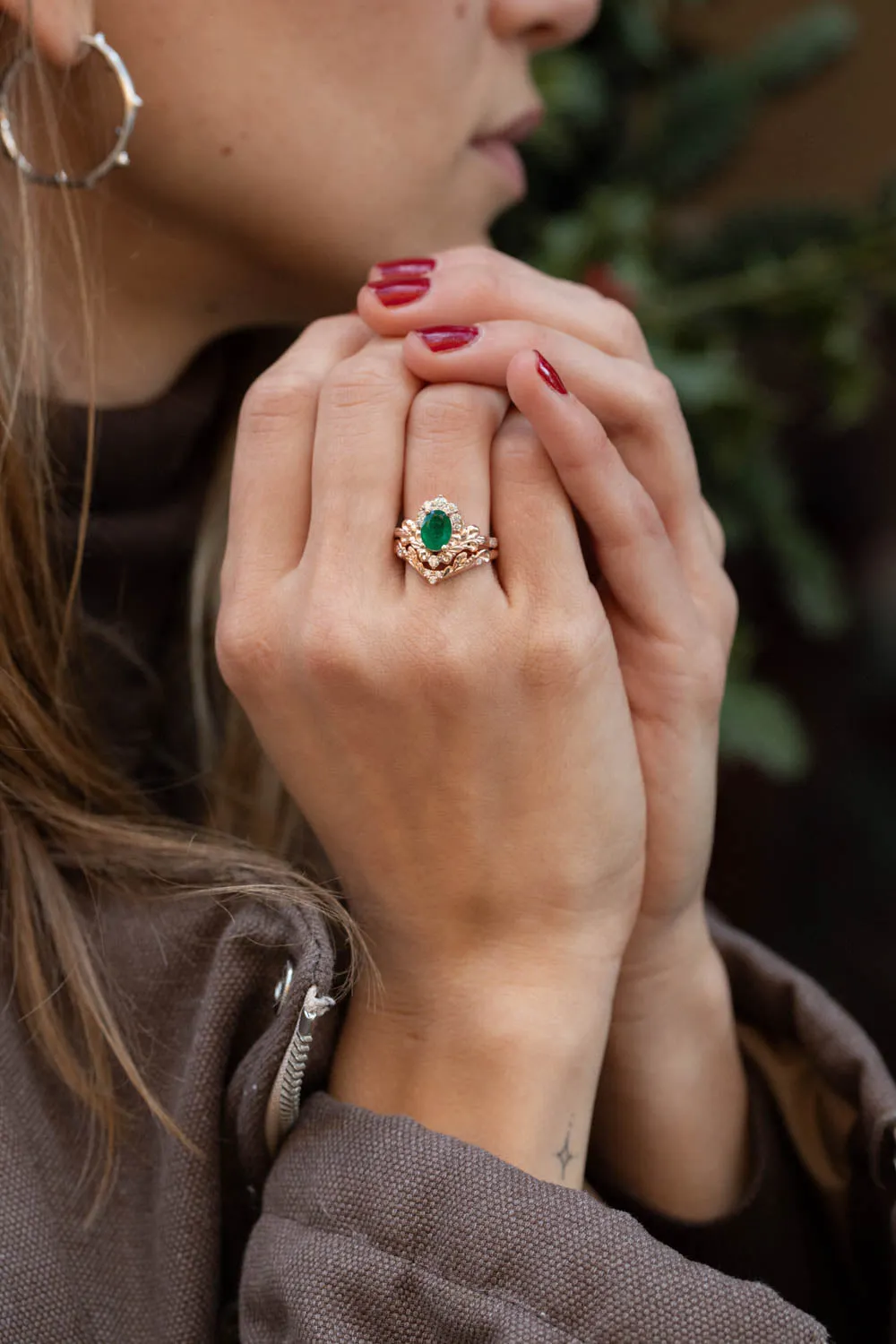 Rose gold engagement ring with emerald, crown shape gold ring with diamonds / Sophie