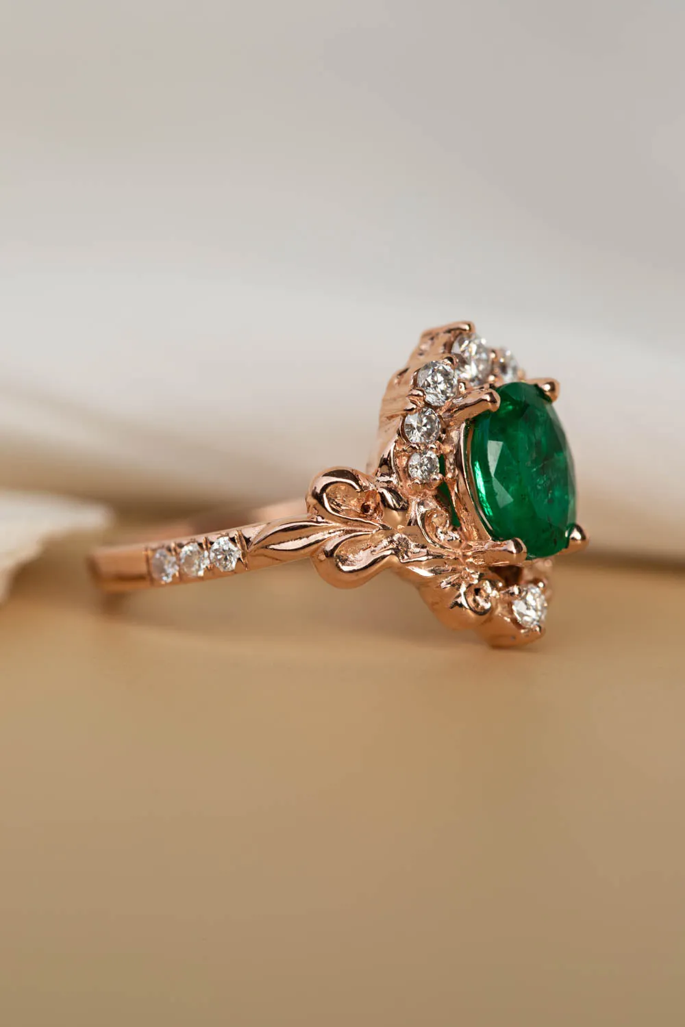 Rose gold engagement ring with emerald, crown shape gold ring with diamonds / Sophie