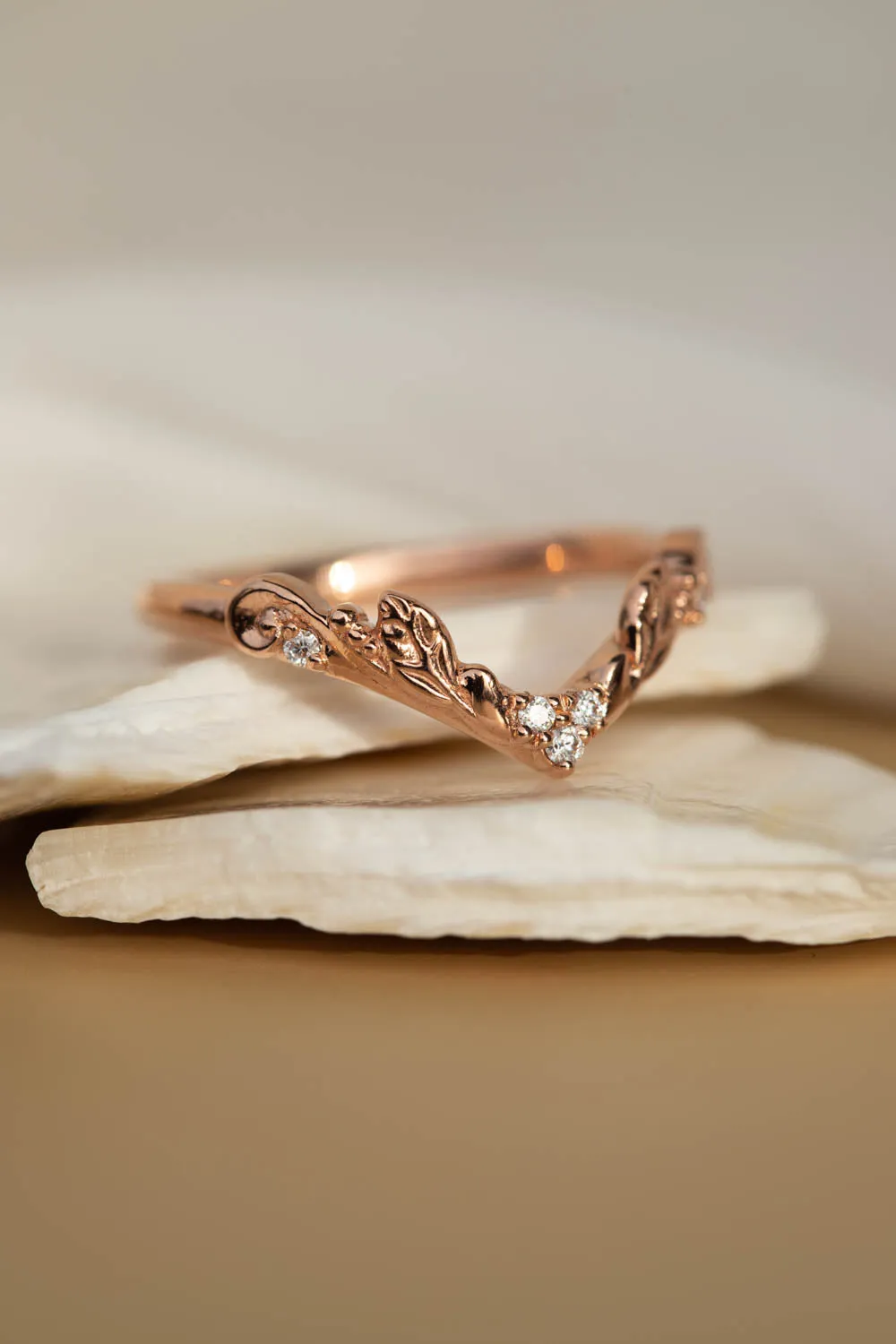 Rose gold engagement ring with emerald, crown shape gold ring with diamonds / Sophie