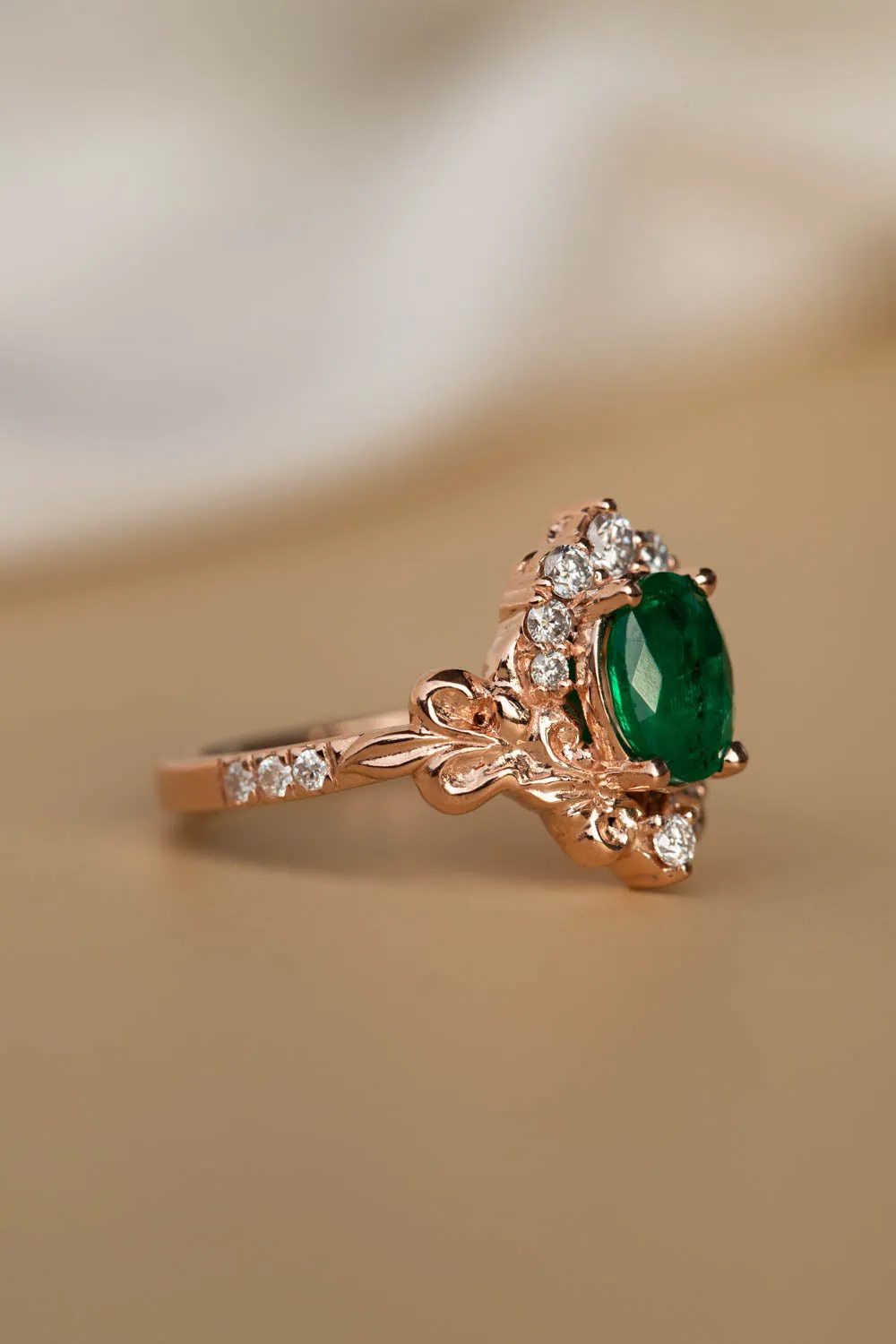 Rose gold engagement ring with emerald, crown shape gold ring with diamonds / Sophie