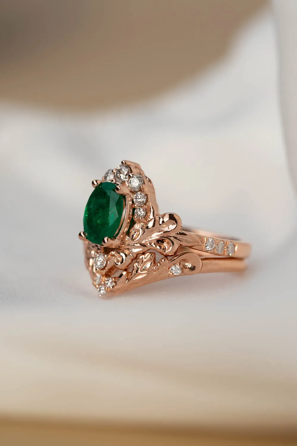 Rose gold engagement ring with emerald, crown shape gold ring with diamonds / Sophie