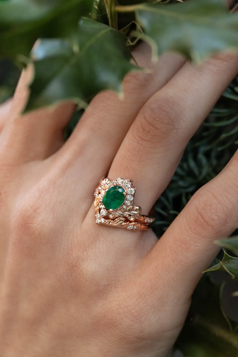 Rose gold engagement ring with emerald, crown shape gold ring with diamonds / Sophie