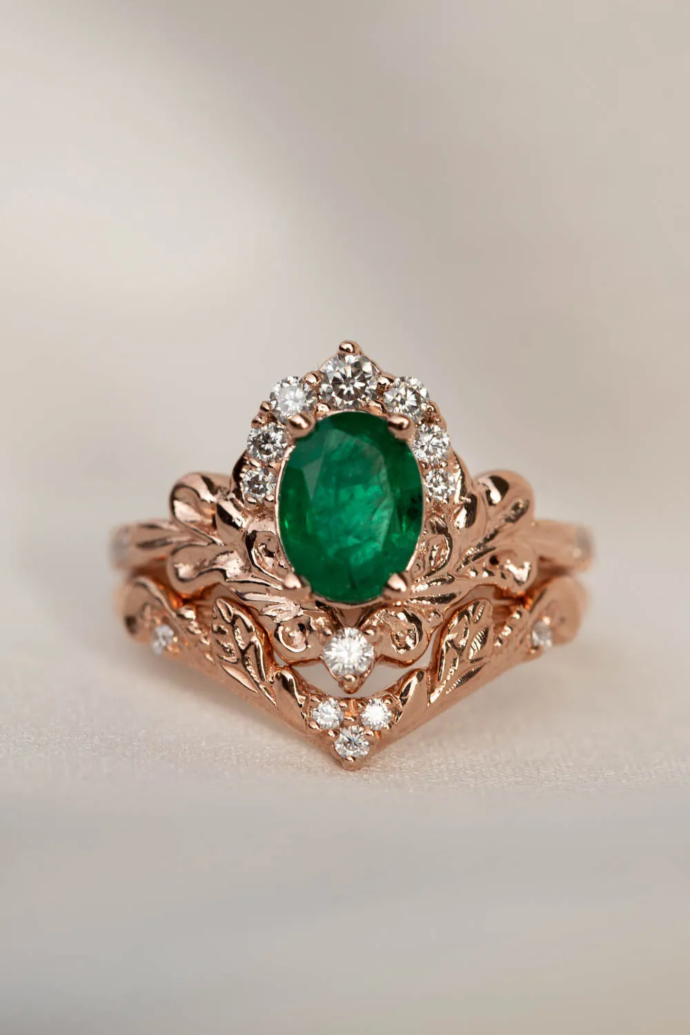 Rose gold engagement ring with emerald, crown shape gold ring with diamonds / Sophie