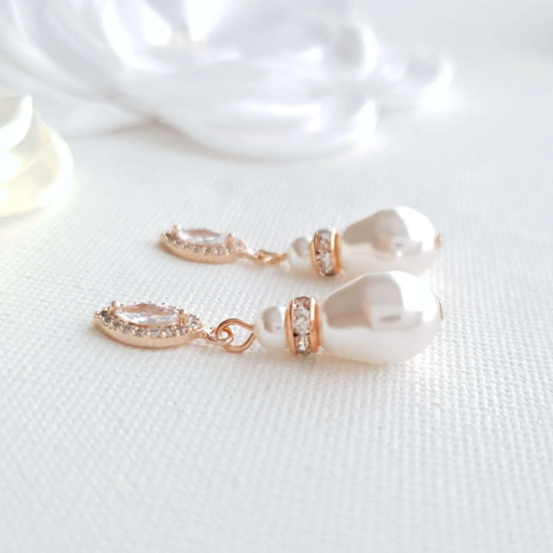 Rose Gold Pearl Teardrop Earrings for Brides- Ella