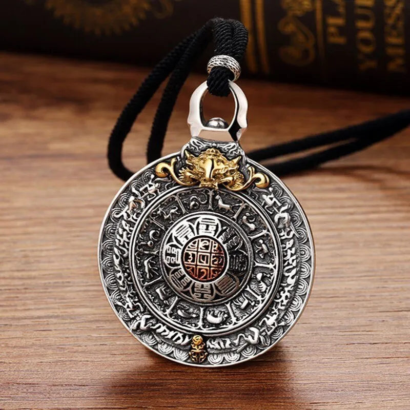 Round Chinese Zodiac Signs 925 Sterling Silver Vintage Pendant Necklace