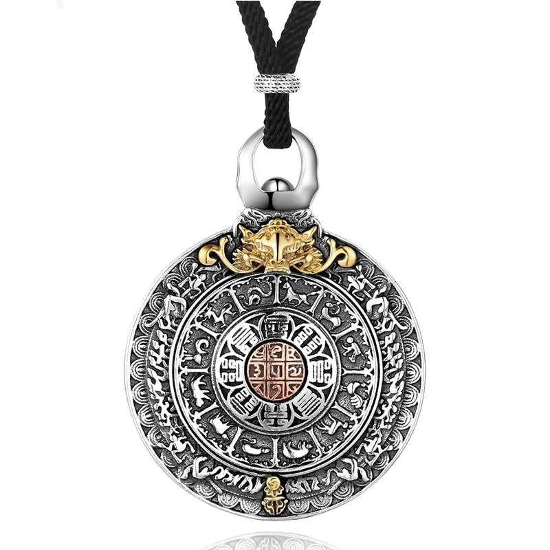 Round Chinese Zodiac Signs 925 Sterling Silver Vintage Pendant Necklace