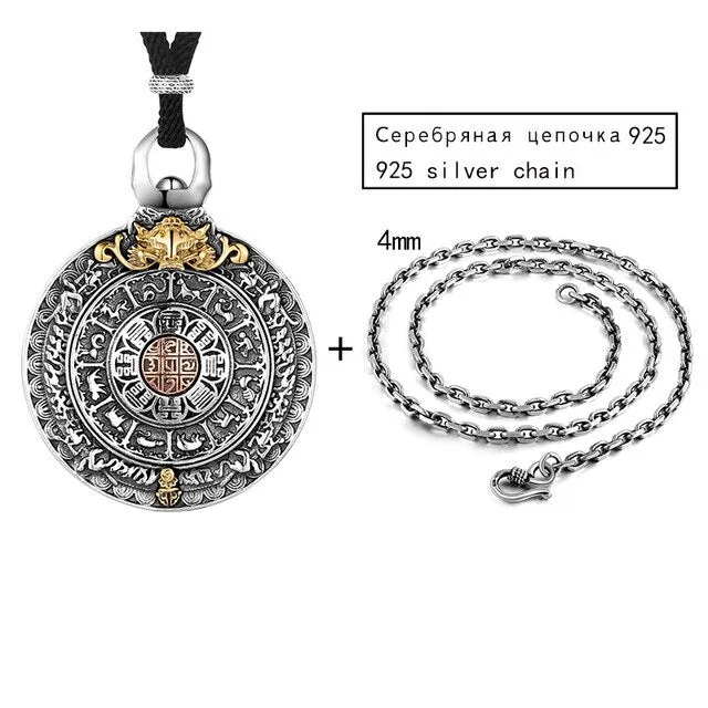 Round Chinese Zodiac Signs 925 Sterling Silver Vintage Pendant Necklace