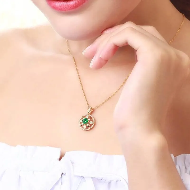 Round Shape Emerald Collar Bone Chain Necklace - 925 Sterling Silver